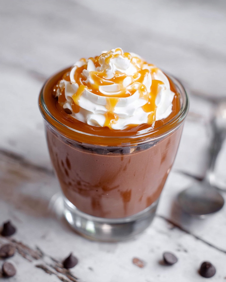 A clear glass cup holds three visible layers: the bottom layer is thick and smooth dark chocolate mousse, the middle layer is a swirl of light brown caramel sauce, and the top layer features a dollop of white whipped cream with caramel sauce drizzled over it. The glass sits on a white marbled surface with scattered chocolate chips nearby and a spoon resting on the right side. photo taken with an iphone --ar 4:5 --v 7