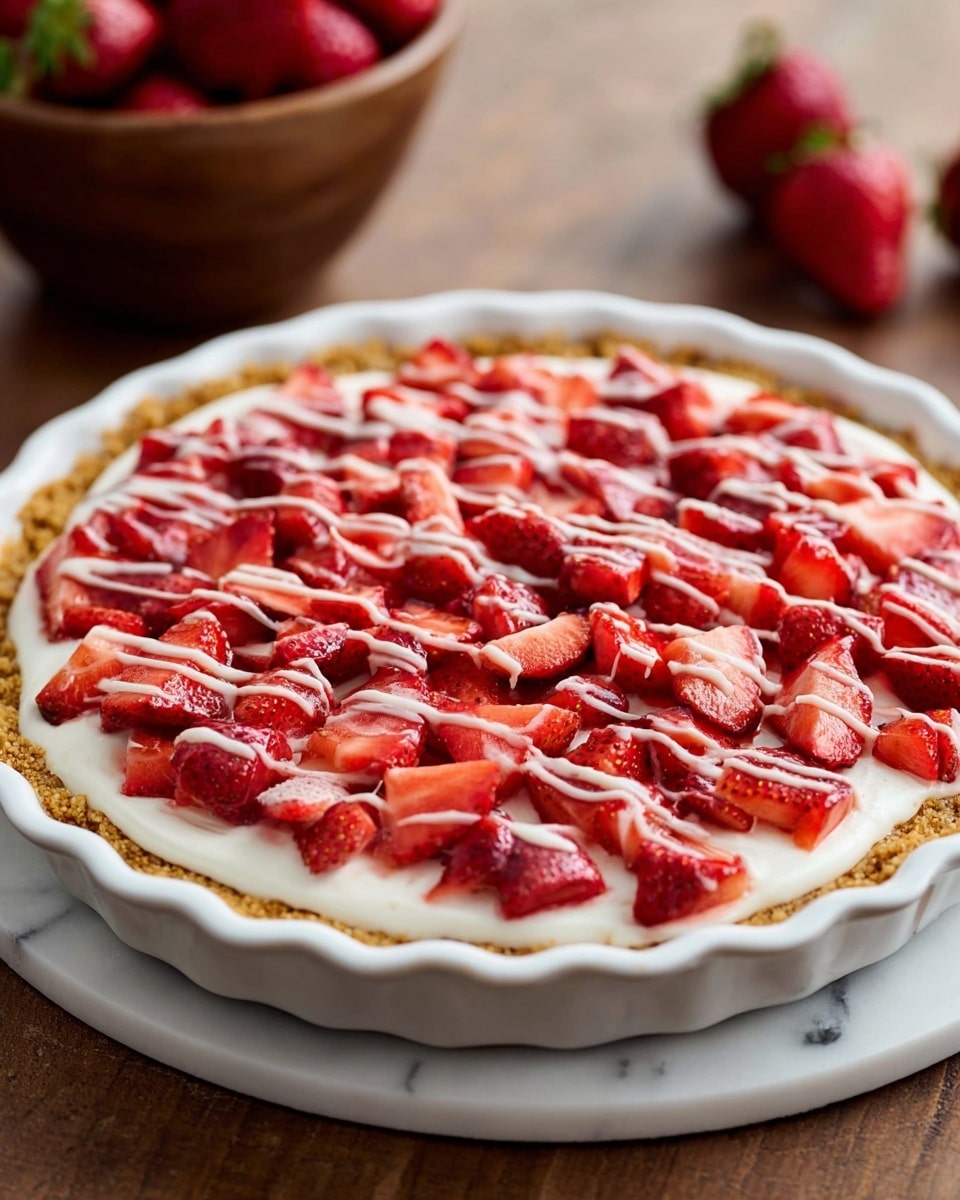A white pie dish holds a three-layer dessert: the bottom layer is a thick, golden brown crust with a crumbly texture; above it is a smooth, creamy white layer evenly spread; the top layer consists of many red strawberry pieces cut into small slices and chunks, covering the cream fully and drizzled with thin white icing lines over the strawberries. The pie dish is placed on a white marbled surface with a small brown bowl filled with whole strawberries in the background. Photo taken with an iphone --ar 4:5 --v 7