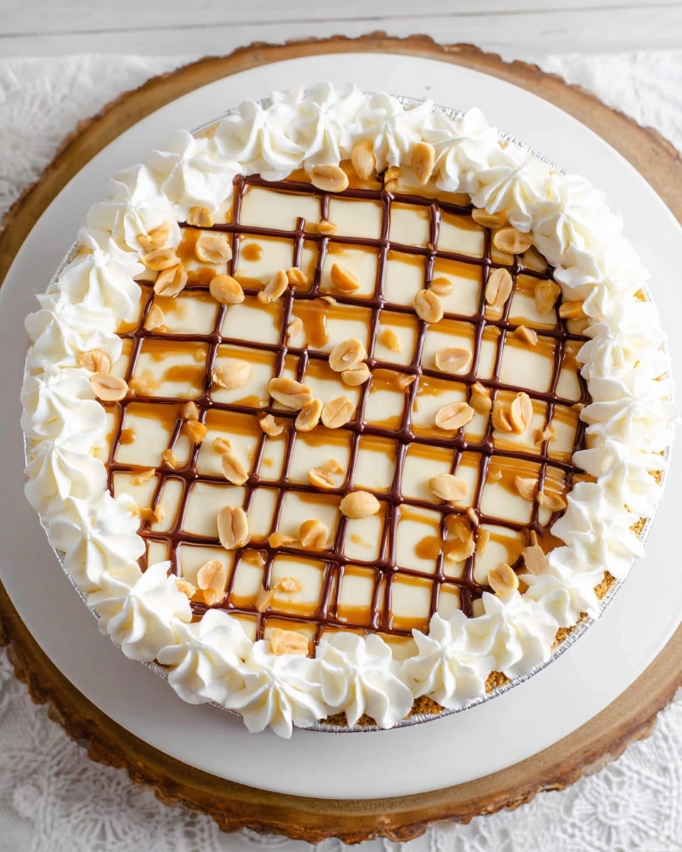 A round pie is shown on a white plate on a wooden round board, placed on a white marbled surface. The pie has a base layer of smooth light cream. On top of the cream, there is a grid pattern made from thin brown chocolate lines and light caramel sauce lines, alternating to form a lattice across the surface. Scattered unevenly over this lattice are whole and halved light brown peanuts. Around the edge of the pie, there is a thick layer of white whipped cream piped in evenly spaced swirls, giving a fluffy and soft texture. The overall color scheme is white, light brown, and brown, with a neat and decorative look. photo taken with an iphone --ar 4:5 --v 7