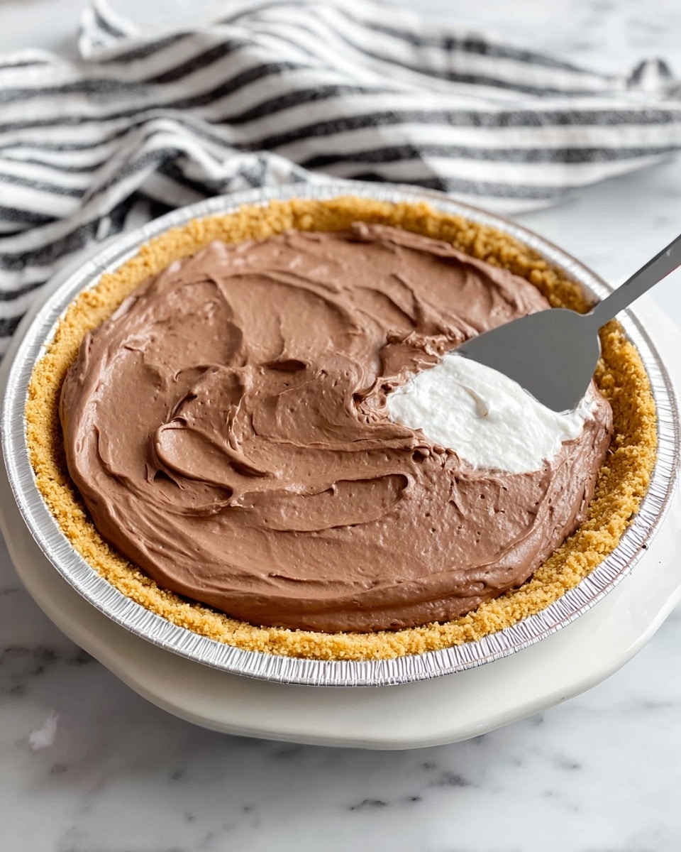 A pie with a golden brown crust layer at the bottom, filled and topped with a thick, smooth, and creamy chocolate mousse layer that is being spread with a silver spatula. The pie is in a round foil pan, placed on a white fluted ceramic plate, sitting on a white marbled surface. In the background, a black and white striped cloth is visible. Photo taken with an iphone --ar 4:5 --v 7