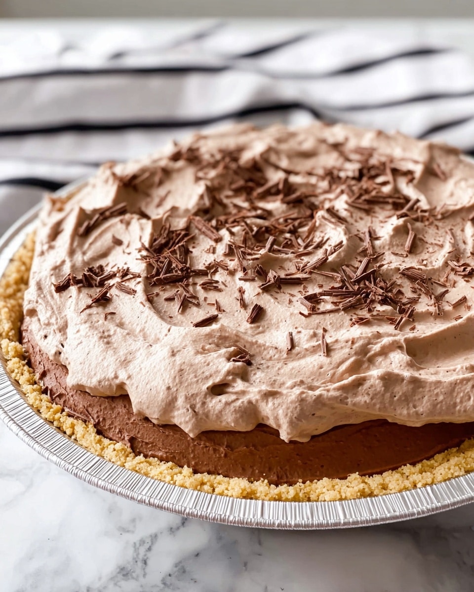 The image shows a three-layer chocolate pie in a round aluminum pie tin. The bottom layer is a light tan, crumbly crust. Above it is a thick, smooth, darker brown chocolate filling. The top layer is a fluffy, light brown whipped chocolate cream spread unevenly with visible swirls and soft peaks. Small, thin, dark chocolate shavings are scattered over the whipped cream. The pie is set on a white marbled surface with a white and black striped cloth blurred in the background. Photo taken with an iphone --ar 4:5 --v 7