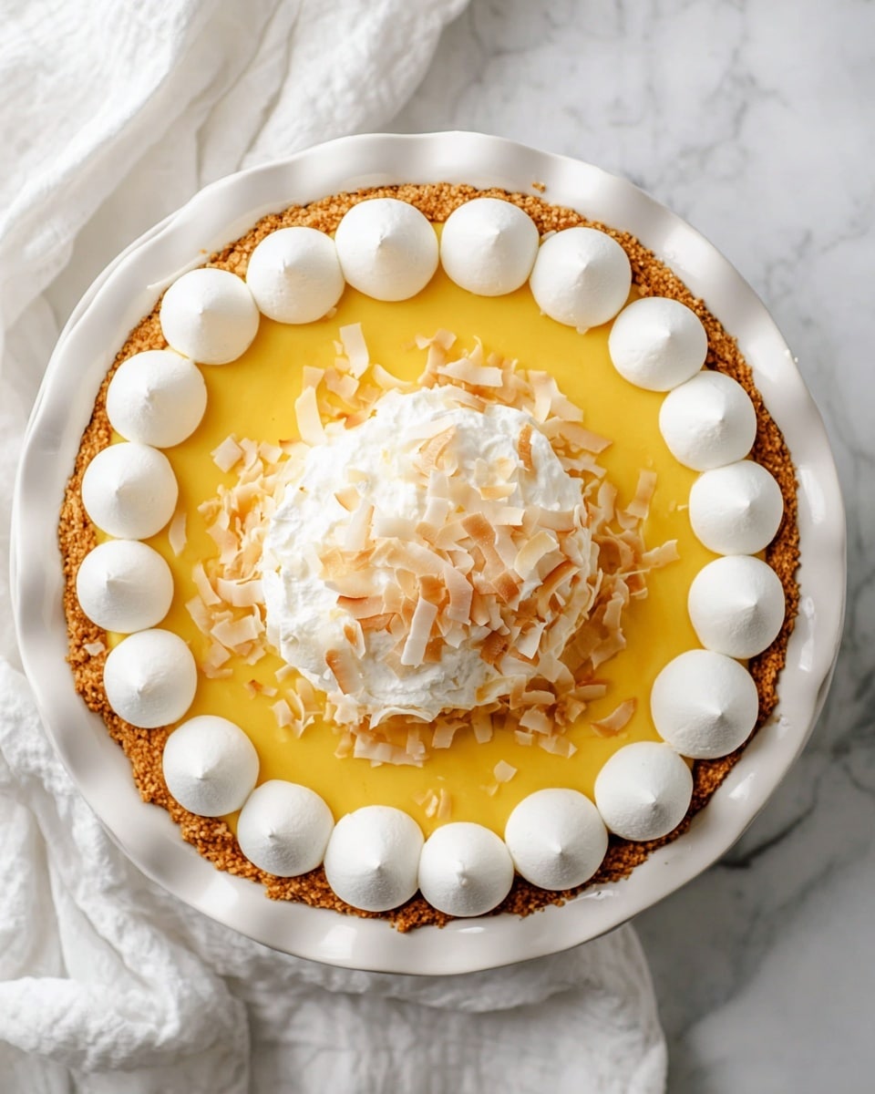 A white scalloped-edge pie dish holds a pie with a golden yellow filling as the base layer, topped with a thick ring of white whipped cream dots around the edge. In the center, there is a dollop of whipped cream covered with white toasted coconut flakes scattered over it, creating a textured look. The pie sits on a white marbled surface with a white cloth in the background, giving a clean and bright feel. Photo taken with an iphone --ar 4:5 --v 7