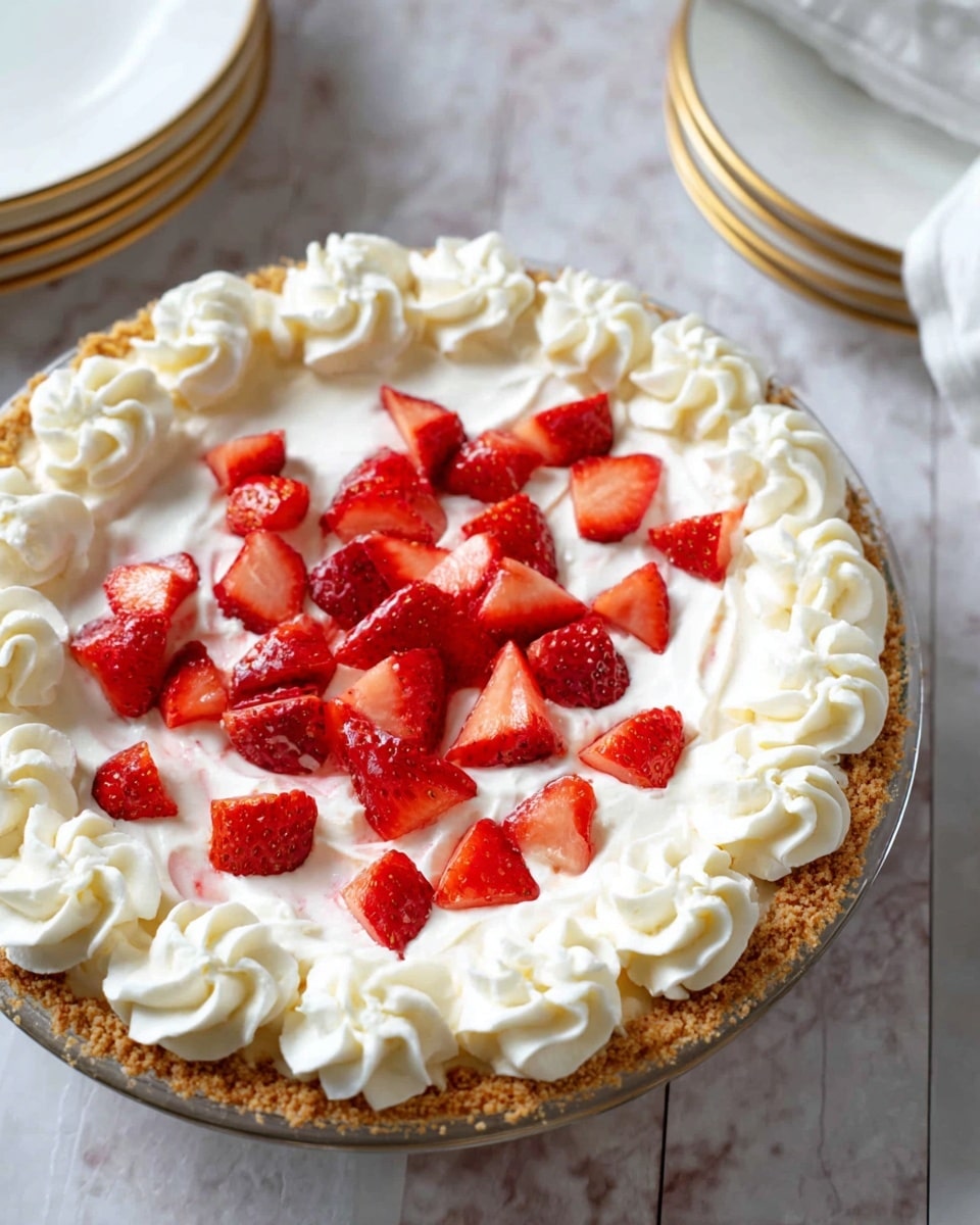 A round cream pie with three layers sits on a white marbled surface. The bottom layer is a light brown crumb crust that holds the pie. The middle layer is white whipped cream spread thickly and topped with small, bright red sliced strawberries scattered in the center. Around the edge of the pie are evenly spaced, large swirls of white whipped cream decorating the border. The pie is in a clear glass dish, and to the left, there are two white plates stacked with golden rims. Photo taken with an iphone --ar 4:5 --v 7