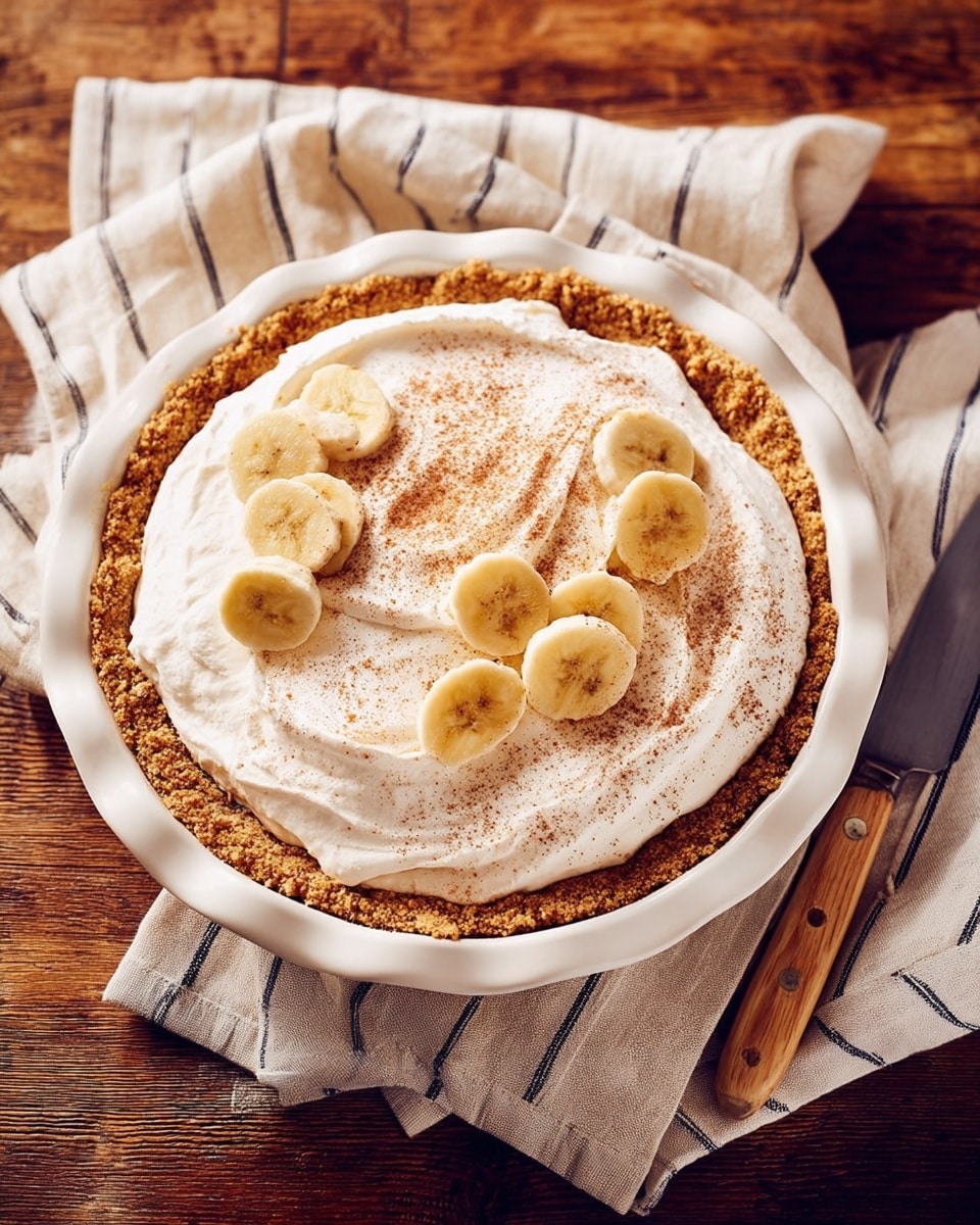 A white pie dish holds a three-layered dessert placed on a wooden surface next to a knife with a wooden handle; the bottom layer is a golden, crumbly crust, the middle layer is creamy and light beige, topped with a thick, fluffy white cream layer sprinkled with brown powder. On top of the cream, there are several banana slices scattered. The pie dish is set on a soft brown and white striped cloth, all resting on a white marbled surface. Photo taken with an iphone --ar 4:5 --v 7