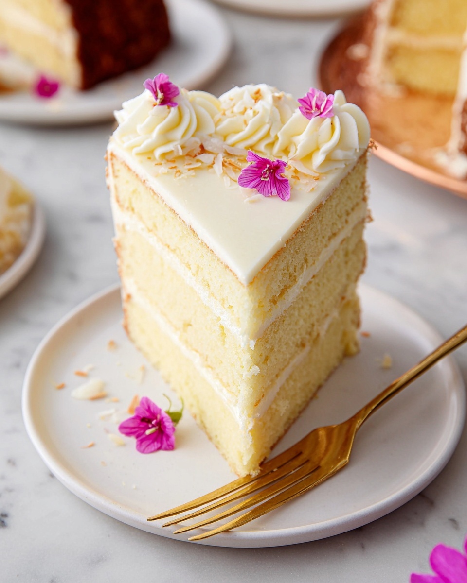 A tall slice of yellow cake with four even layers is placed on a white plate with a gold-rimmed fork beside it. Each layer is separated by a thin smooth white cream filling. The top of the cake is covered with a pale yellow smooth icing and decorated with small swirls of white cream and three small bright pink edible flowers. The white plate sits on a white marbled surface, and in the background, there are parts of other cakes blurred out. photo taken with an iphone --ar 4:5 --v 7