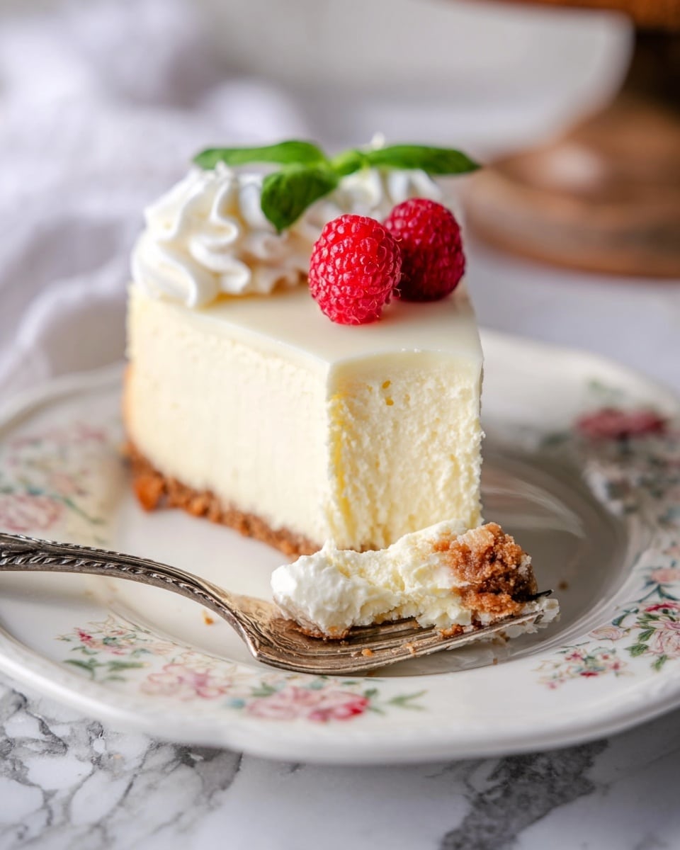 A slice of cheesecake on a white plate with floral patterns. The cheesecake has three layers: the bottom is a thin, crumbly brown crust, the middle is a thick, creamy pale yellow cheese layer, and the top is a smooth white cream layer. On top, there are two red raspberries, a green basil leaf, and some white whipped cream swirls. A silver fork with a small bite of the cheesecake rests on the plate. The scene has a soft, warm light with a white marbled texture surface in the background. photo taken with an iphone --ar 4:5 --v 7