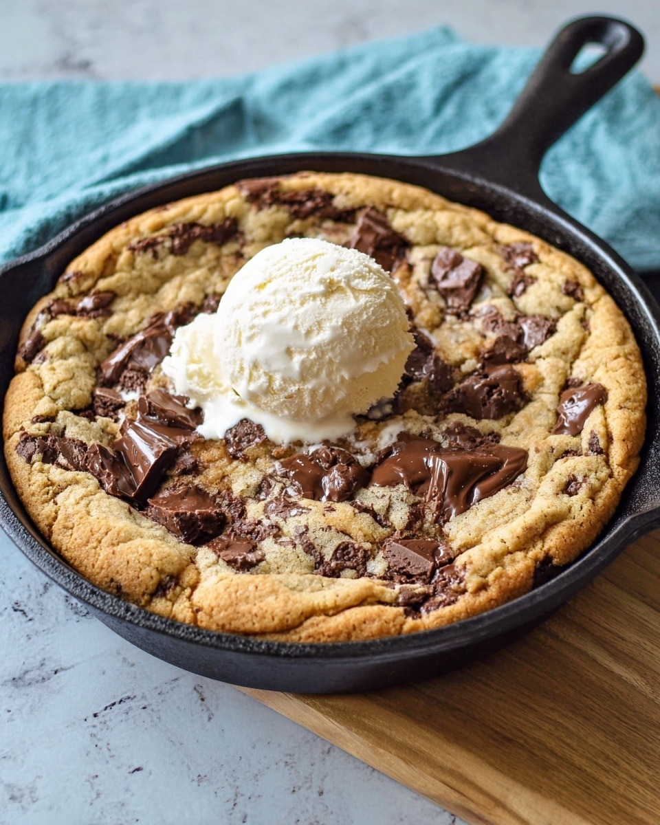 A large round cookie baked in a black cast iron skillet is shown on a white marbled surface. The cookie has a thick golden brown edge with a soft, slightly bumpy texture that fills the pan. Scattered throughout the cookie are melted chunks of milk chocolate that create dark brown patches on the light golden dough. On top of the cookie's center, there is a single scoop of creamy vanilla ice cream with a pale off-white color and a smooth, slightly melting texture. The skillet rests on a wooden board with a light blue cloth napkin in the background. Photo taken with an iphone --ar 4:5 --v 7