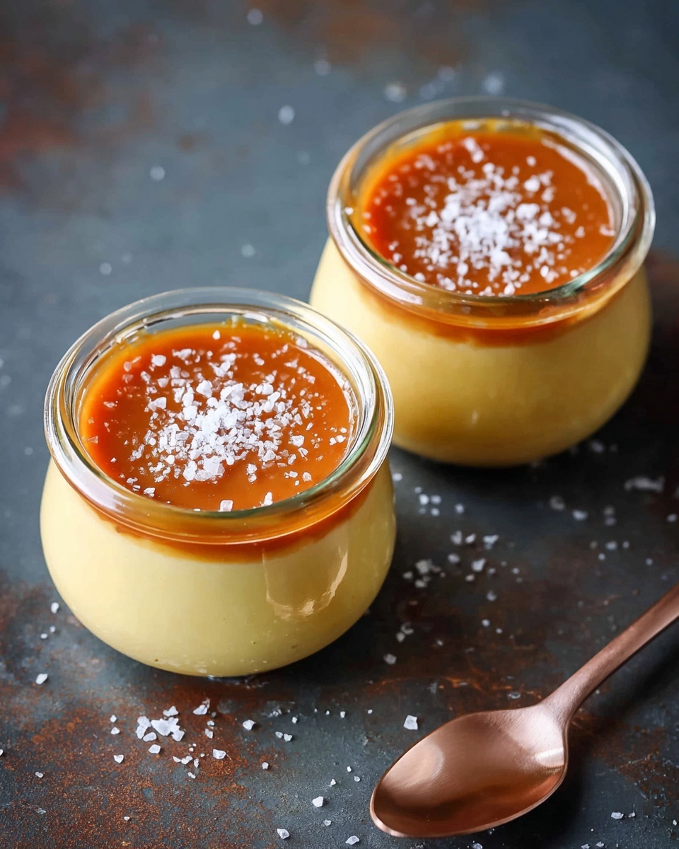 Two small glass jars filled with a smooth, pale yellow custard base form the bottom layer. On top of each custard is a glossy, rich amber caramel layer, sprinkled with coarse white sea salt flakes. The jars are placed on a dark surface with a slightly rusty tone, and a metallic rose gold spoon lies beside them. The light reflects softly on the glass edges and the caramel, showing the creamy texture of the custard beneath. photo taken with an iphone --ar 4:5 --v 7