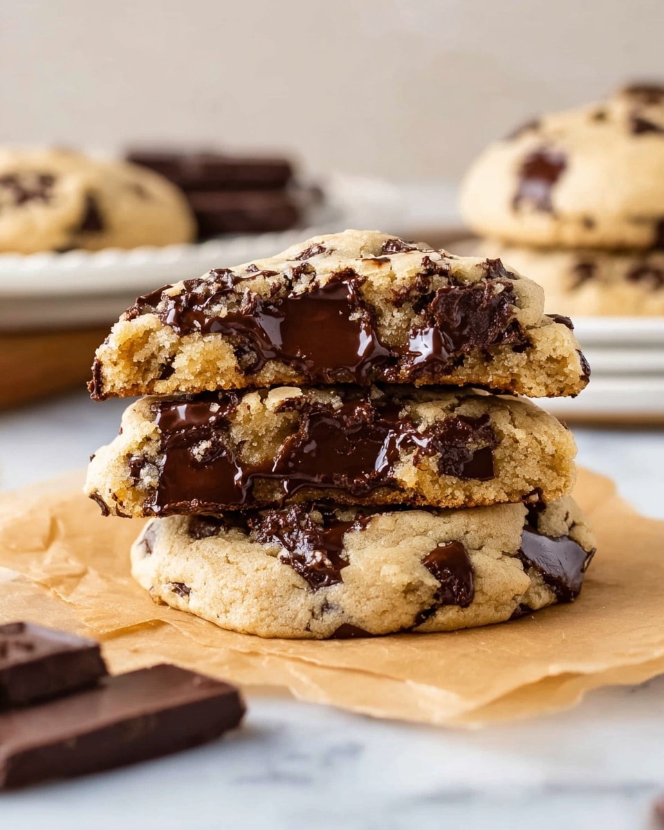 The image shows three thick, soft cookies stacked on top of each other, with the top cookie broken in half to show the inside. The cookies are light golden brown with many large, melted dark chocolate chunks scattered inside and on the surface. They rest on a piece of brown parchment paper placed on a white marbled surface. The background is blurry, but it shows more stacked cookies on a white plate and dark chocolate bars. The cookies look soft and dense with gooey chocolate melting in some parts, creating a rich texture. Photo taken with an iphone --ar 4:5 --v 7