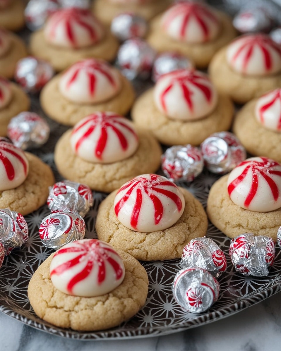 A close-up view of a tray filled with small round cookies, each topped with a white chocolate drop decorated with red stripes, resembling a peppermint candy. The cookies are light golden brown with a slightly cracked surface. Scattered between the cookies are wrapped silver candies with red swirls and white tags. The tray has a dark surface with a geometric pattern, and the background is a white marbled texture. photo taken with an iphone --ar 4:5 --v 7