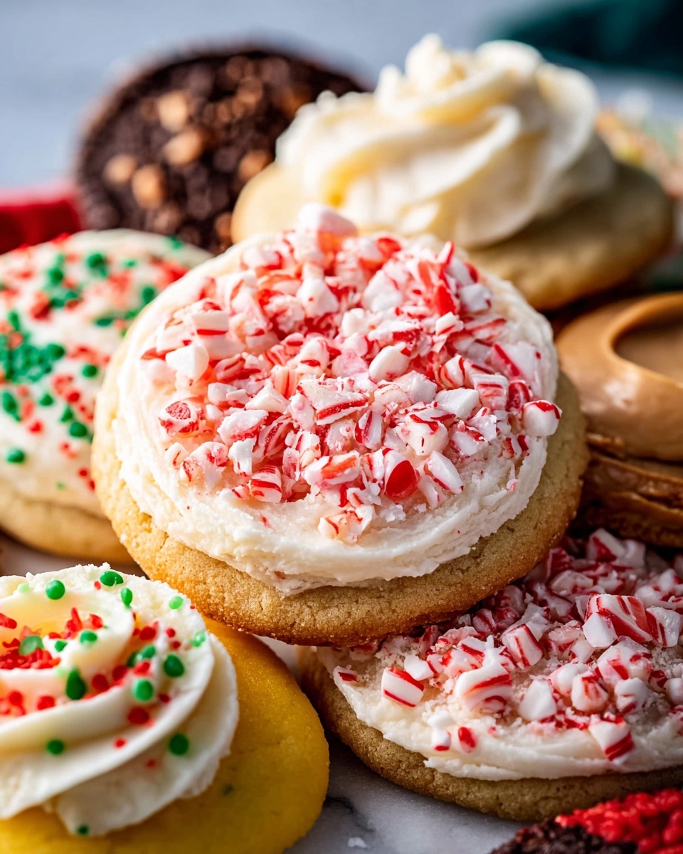 The image shows several cookies arranged close together on a white marbled surface. The main focus is on two round cookies with three visible layers: a soft light brown base, a thick creamy white frosting layer on top, and a generous layer of chopped red and white peppermint candy sprinkled over the frosting. Near the peppermint cookies, there are other cookies with different toppings, including one with white frosting and tiny red and green round sprinkles, a chocolate cookie with a round peanut butter piece in the center, and a cookie topped with a bright yellow glaze. The background is softly blurred, highlighting the vibrant details and textures of the cookies. photo taken with an iphone --ar 4:5 --v 7