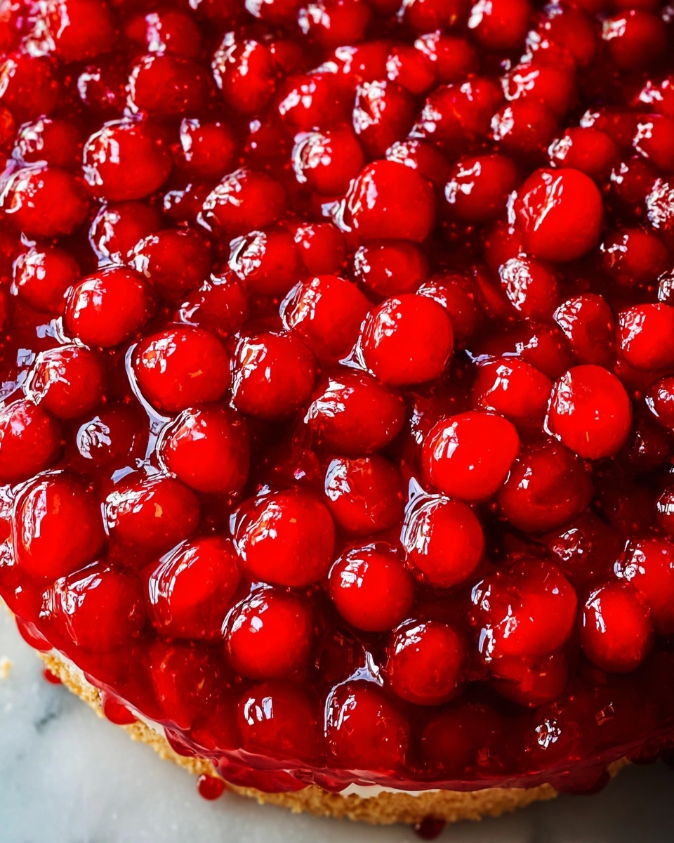 The image shows a close-up of a thick layer of bright red cherry topping with whole cherries coated in shiny, glossy syrup. The cherries have a smooth texture and are packed tightly together, covering the entire surface. This cherry topping rests on a thin light beige base crust that is slightly visible at the edges. The background is a white marbled texture. photo taken with an iphone --ar 4:5 --v 7