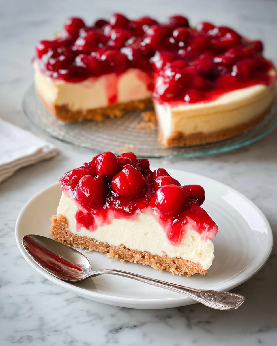 The image shows a slice of cherry cheesecake on a white plate with a silver spoon beside it. The cheesecake slice has three layers: a light brown, crumbly crust at the bottom; a thick, creamy pale yellow cheesecake middle; and a glossy red cherry topping with whole cherries covered in shiny sauce on top. In the background, the rest of the cheesecake without the slice is on a clear glass plate. The scene is set on a white marbled surface. Photo taken with an iphone --ar 4:5 --v 7