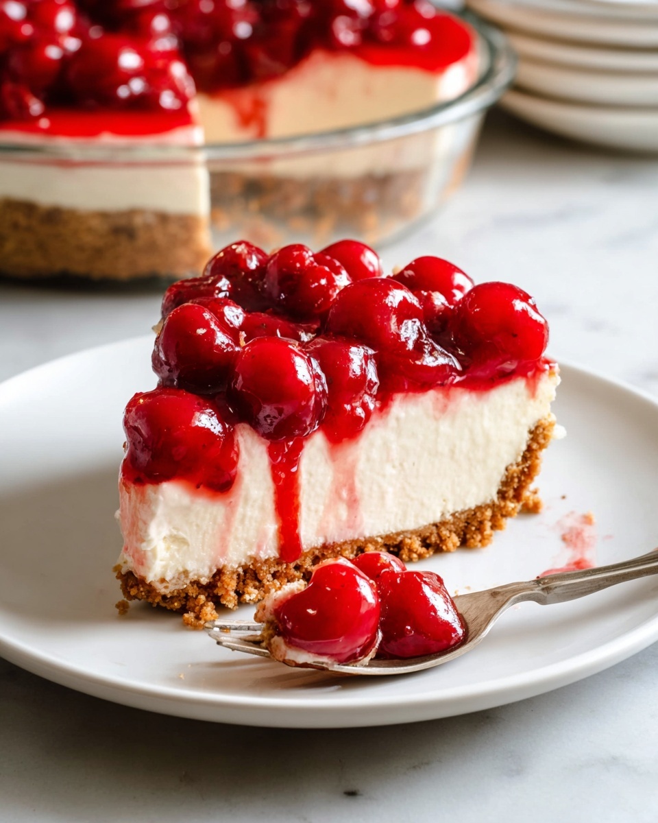 A slice of cherry cheesecake sits on a white plate over a white marbled surface. The bottom layer is a crumbly light brown crust. The middle layer is thick and creamy with a smooth off-white color. The top layer is a shiny bright red cherry topping with whole cherries covered in a glossy sauce, slightly dripping down the sides. A fork holds a small piece of the cheesecake with the cherry topping, placed in the front on the plate. In the background, part of the full cheesecake in a glass dish is visible. Photo taken with an iphone --ar 4:5 --v 7