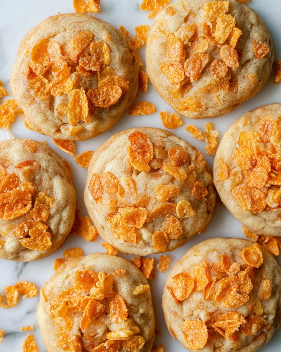 The image shows six round cookies arranged closely together on a white marbled surface. Each cookie has a pale golden base with a soft, slightly crinkled texture and is embedded with large, bright orange crunchy cereal flakes unevenly scattered on top and throughout the dough. Extra orange cereal flakes are also scattered casually around the cookies on the surface. The overall look is warm and inviting, with the cookies having a chewy, thick appearance. Photo taken with an iphone --ar 4:5 --v 7