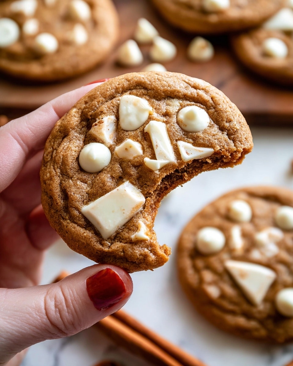 A close-up of a brown cookie held by a woman's hand with a bite taken from the right side, showing a soft texture inside. The cookie's top layer has several large white chocolate chunks and small white chocolate chips spread evenly. In the background, there are more cookies on a white marbled surface, some with cinnamon sticks nearby, with a slightly blurred effect to keep focus on the cookie in the woman's hand. photo taken with an iphone --ar 4:5 --v 7