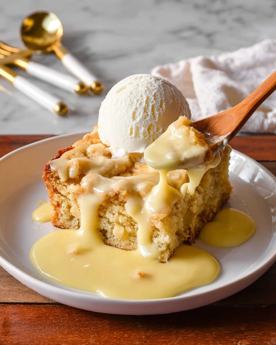 A white plate holds a square piece of light golden cake with a soft, crumbly texture. The cake is topped with a thick, creamy yellow sauce that drips over the edges. On top of the sauce sits a rounded scoop of white ice cream with a smooth creamy surface. A wooden spoon rests on the plate, lifting a portion of the cake soaked in sauce. The plate is placed on a white marbled surface, and in the background, there are white-handled gold measuring spoons and white napkins. Photo taken with an iphone --ar 4:5 --v 7