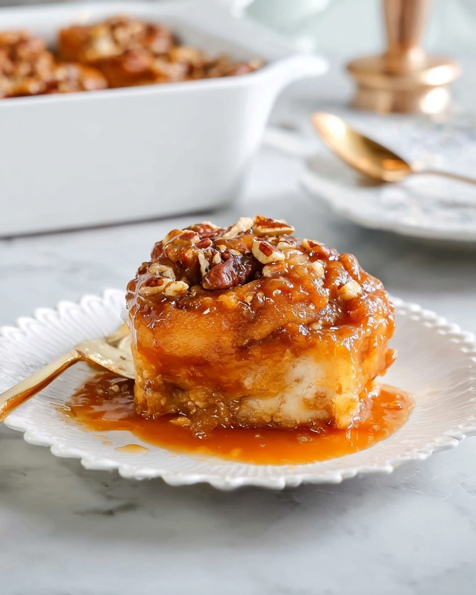A single piece of sticky caramel roll sits on a white scalloped plate, showing two visible layers of soft, golden-brown pastry swirled with a rich orange caramel sauce. The top layer is thickly coated with a shiny caramel glaze mixed with chopped pecans, giving a bumpy texture on top. The caramel sauce pools loosely around the base of the roll on the plate, enhancing the warm orange-brown color contrast. The background features a white marbled surface with a white baking dish blurred out, adding soft depth. A gold spoon rests on the plate’s left side, its handle pointing outward. photo taken with an iphone --ar 4:5 --v 7