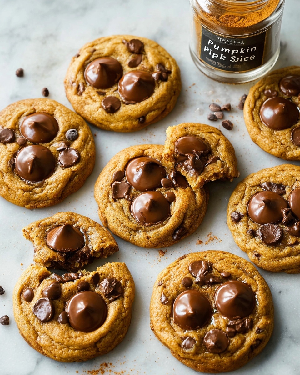 Seven round cookies are spread out on a white marbled surface, each with a golden-brown base that looks soft and slightly textured. Each cookie has several dark brown chocolate chips melted into and on top of the dough, with two or three large glossy chocolate drops sitting near the center. One cookie in the corner is broken, showing a rich, melty chocolate inside. Behind the cookies, there is a glass bottle labeled
