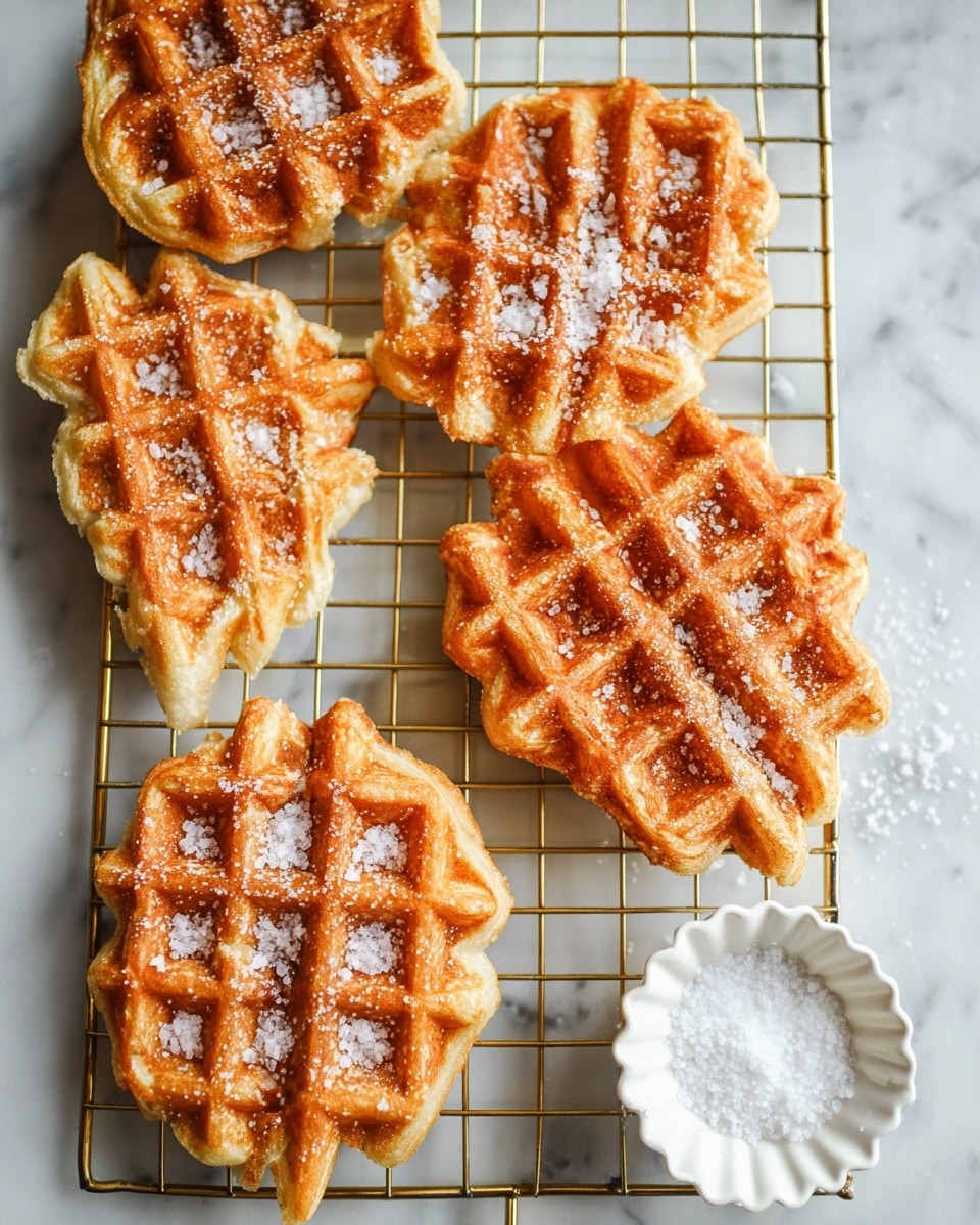 This image shows four golden-brown waffles with a crispy texture, each topped with coarse white sugar crystals. The waffles have a grid pattern that is deep and well-defined, and they are arranged on a gold wire rack. To the bottom right of the waffles, there is a small white scalloped bowl filled with more coarse white sugar. The whole scene is set on a white marbled surface with natural lighting highlighting the waffle's warm tones. photo taken with an iphone --ar 4:5 --v 7