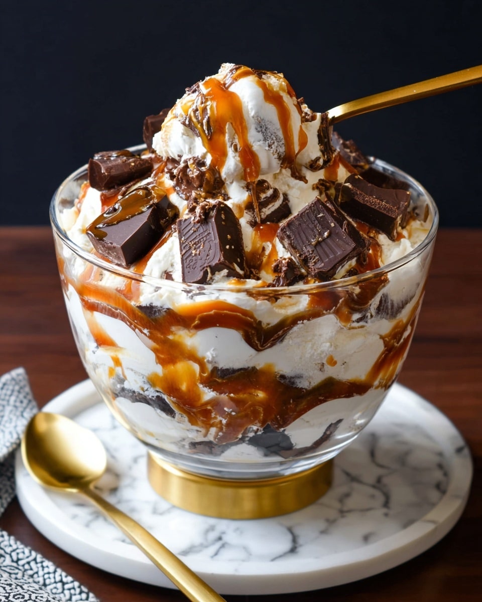 A clear glass bowl filled with multiple layers of white whipped cream and dark brown chocolate chunks mixed with thick caramel sauce swirled throughout. Large pieces of chocolate sit on the top layer, drizzled with bright caramel sauce. A gold spoon lifts a scoop from the top showing creamy texture with caramel and chocolate inside. The bowl sits on a white plate over a gold stand, all placed on a white marbled surface with a dark out of focus background. Photo taken with an iphone --ar 4:5 --v 7