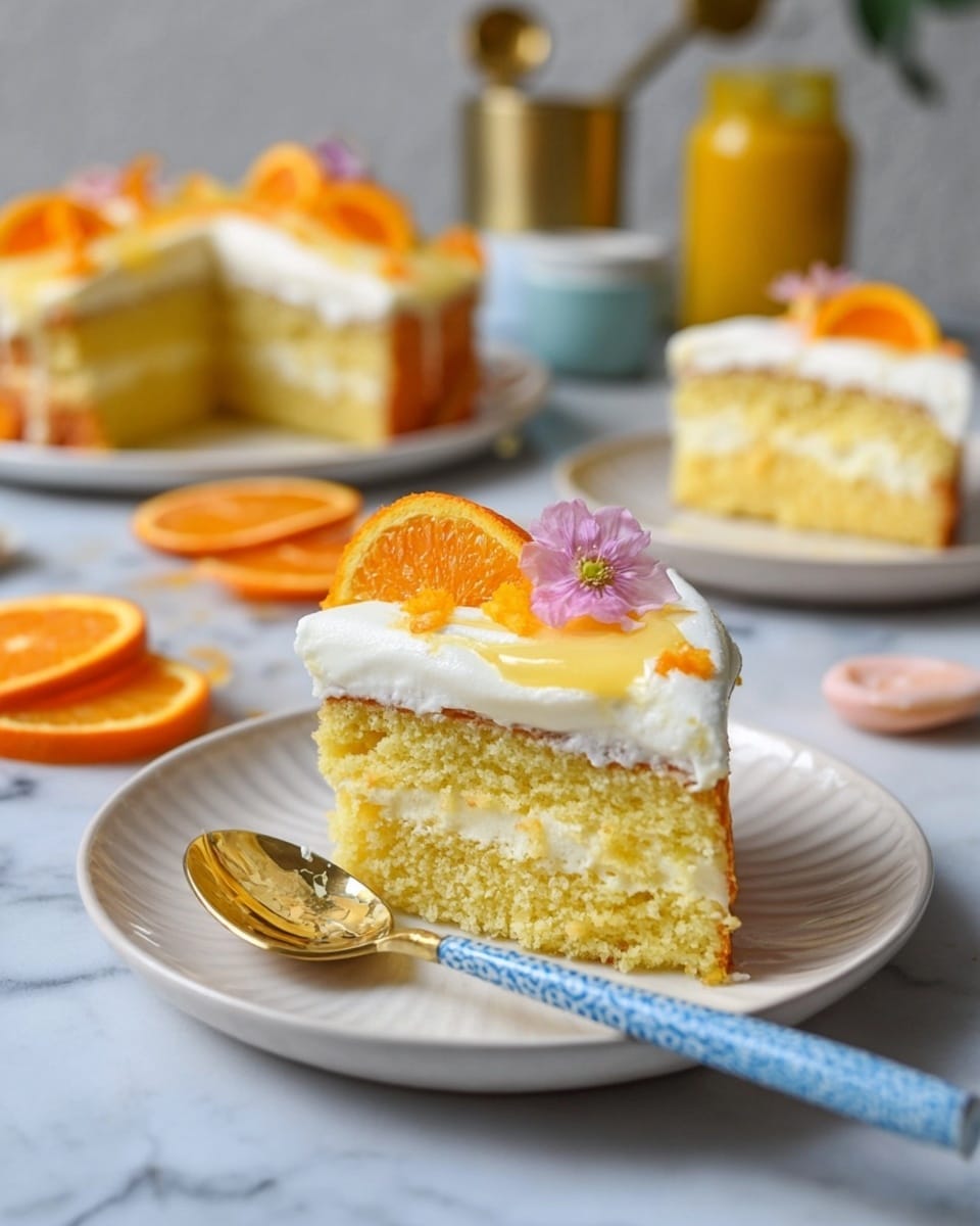 The image shows a slice of cake on a white plate with a blue and white spoon in front of it. The cake has three layers: a moist yellow sponge base, a thick white creamy middle layer, and a glossy light yellow topping. On top of the cake slice, there are two thin orange slices and a small pink flower. In the background, there is another similar slice of cake on a white plate, orange slices scattered on a white marbled surface, and a yellow jar along with a brass measuring spoon, all softly out of focus. The whole scene is bright and clear. photo taken with an iphone --ar 4:5 --v 7