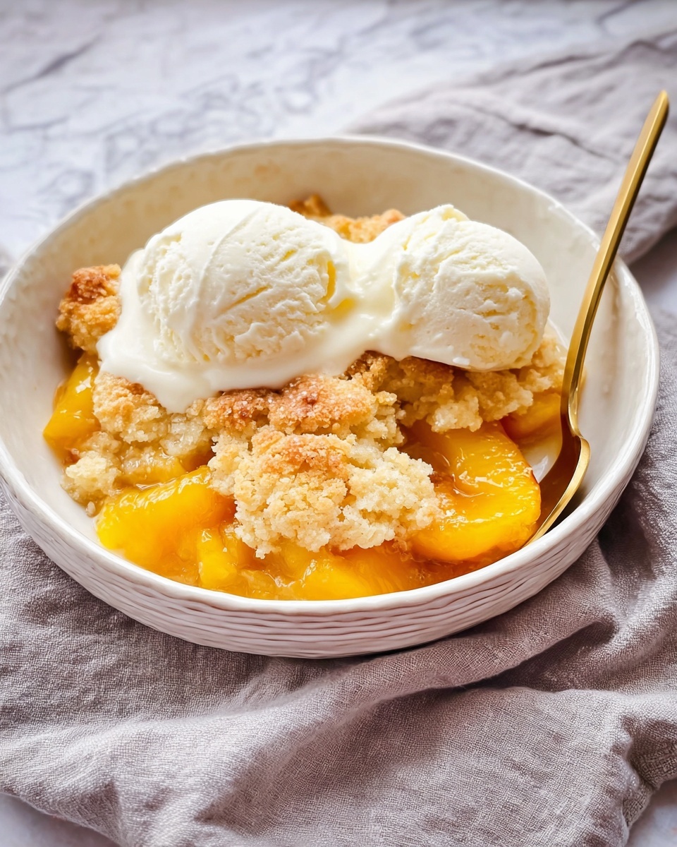 A white rectangular baking dish holds a golden-brown baked dessert with a rough, crunchy top layer. On top of the dessert, there are two soft scoops of light cream-colored ice cream, slightly melting at the edges. The dish is placed on a soft, beige fabric that creates gentle folds around it. Next to the dish on the right side, a golden spoon rests on a white marbled surface, which serves as the background. The photo is bright and clear, showing a close-up view with natural light highlighting the textures. photo taken with an iphone --ar 4:5 --v 7