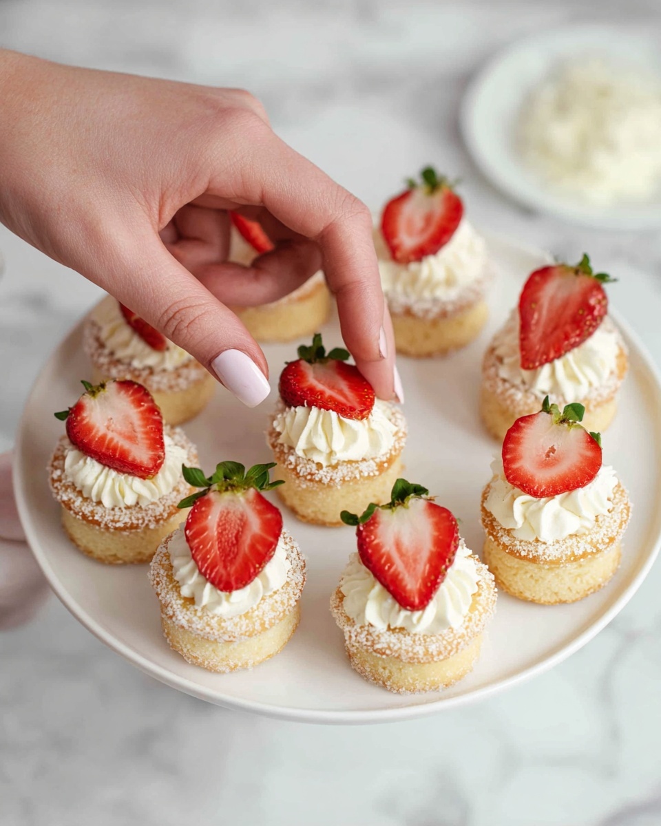 Nine round golden mini cakes with sugar crystals on top are placed on a white plate. Each mini cake has a small swirl of white cream on top, and four of them are decorated with a half red strawberry with green leaves. A woman's hand with light pink nails is placing one of the strawberry pieces on a mini cake in the middle. The plate is set on a white marbled surface. photo taken with an iphone --ar 4:5 --v 7