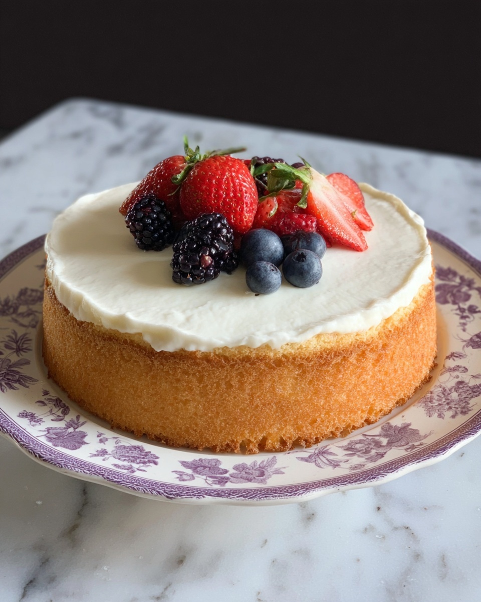 Mascarpone, Lime and White Chocolate Dessert with a Cookie Crust Recipe 5 A round cake with one thick layer of golden brown sponge forming the base and sides, topped with a smooth layer of white cream spread evenly over the top. On one side of the cake, there is a small pile of fresh strawberries, blackberries, and blueberries, adding bright red, dark purple, and blue colors. The cake sits on a white ceramic plate with a delicate purple floral pattern, all placed on a white marbled surface. photo taken with an iphone --ar 4:5 --v 7