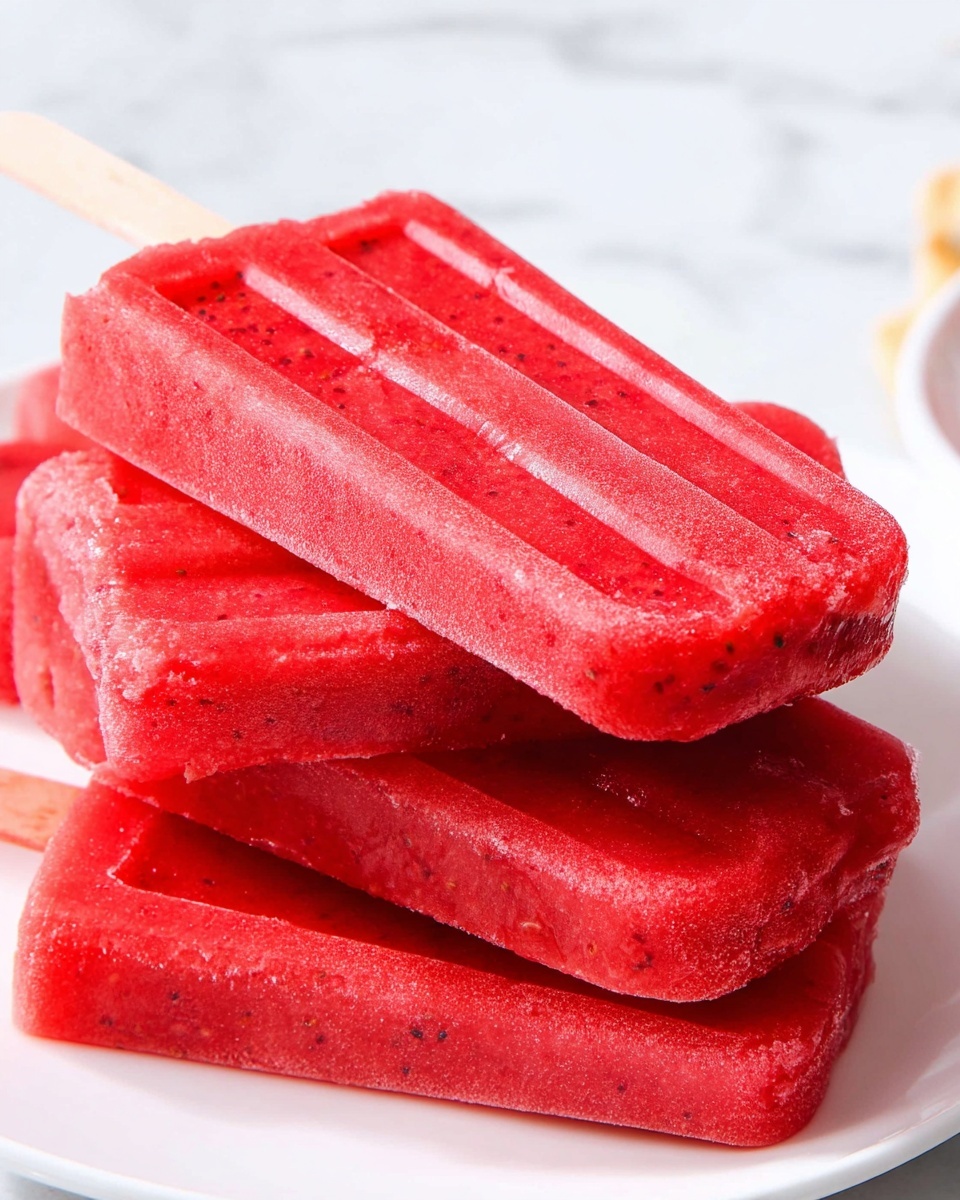 A stack of four bright red popsicles with a smooth texture and small fruit bits is shown on a white plate. The popsicles have a rectangular shape with slight ridges on top. One popsicle’s wooden stick is partially visible, pointing out from the bottom left. The background has a soft, white marbled texture, giving a clean and fresh look. The popsicles look cold and refreshing. photo taken with an iphone --ar 4:5 --v 7
