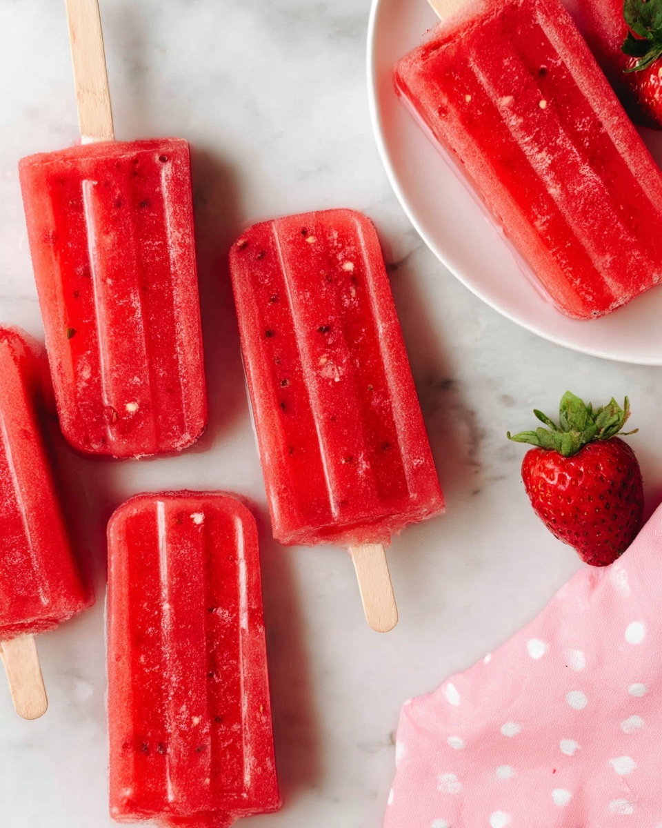 The image shows six bright red popsicles with visible small air bubbles and tiny fruit pieces inside them. They are rectangular with rounded corners and have smooth textures. Four popsicles lie flat on a white marbled surface, while two are placed on a white plate in the lower right corner. A pink cloth with white polka dots and a fresh strawberry with a green top are on the right side. The light reflects softly on the popsicles, emphasizing their icy surface. photo taken with an iphone --ar 4:5 --v 7