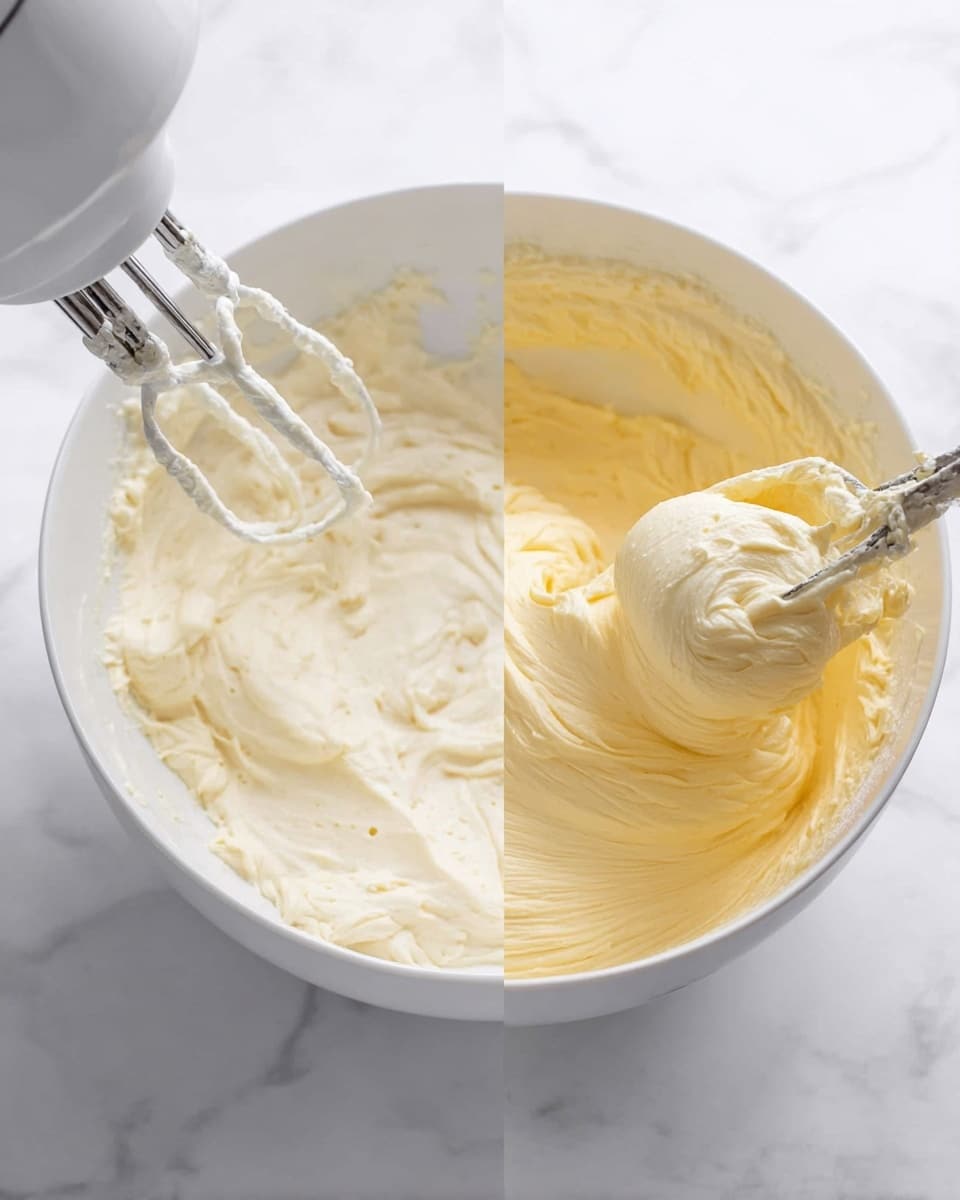 A large white bowl sits on a white marbled surface, filled with smooth, creamy off-white mixture showing thick, soft, and fluffy texture. Two metal beaters from a white electric mixer are spinning in the bowl, blending the creamy mixture in the left part of the image. On the right, a thick, yellow batter is being poured gently into the bowl, resting on top of the creamy base, creating distinct layers of whipped cream-like off-white and thick yellow batter. The background is white marbled, making the bowl and mixture stand out clearly. Photo taken with an iphone --ar 4:5 --v 7