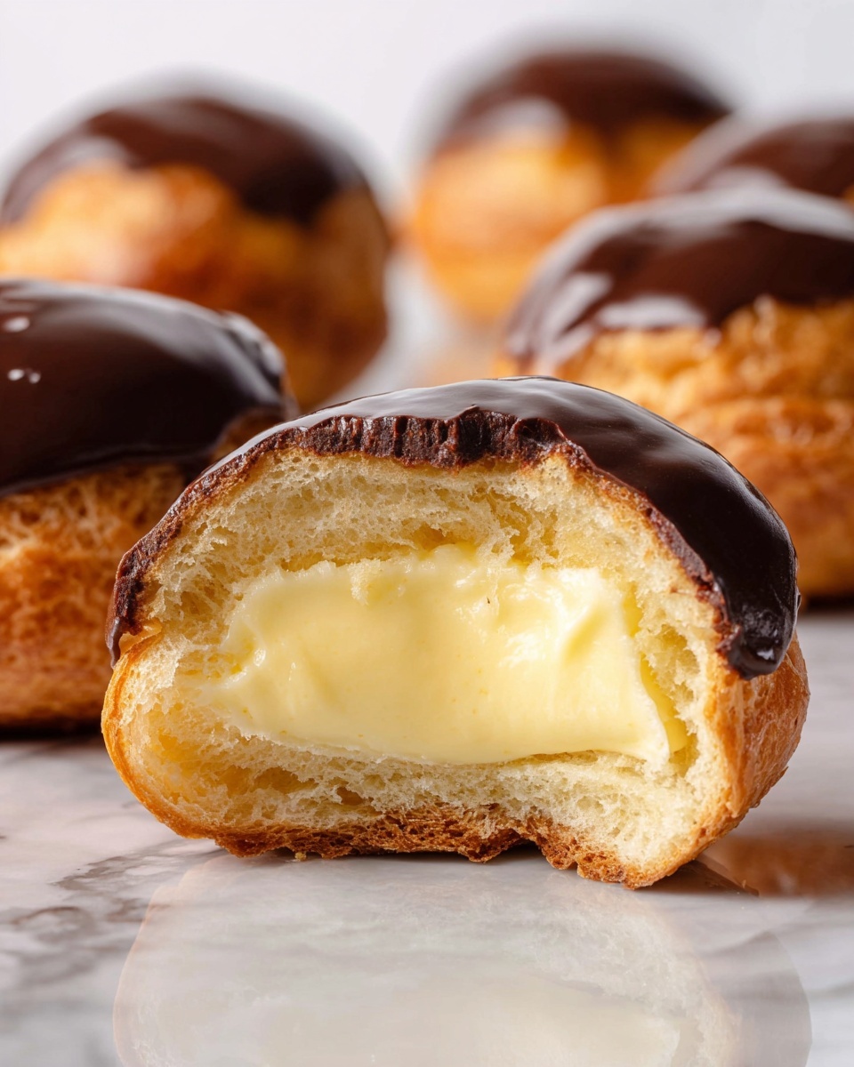 The image shows a close-up view of a cream puff with three distinct layers. The bottom layer is a golden-brown choux pastry with a slightly crispy texture. The middle layer consists of a thick, smooth, pale yellow vanilla custard cream filling. The top layer is a shiny, dark chocolate glaze smoothly coated over the pastry. The cream puff is cut in half to reveal the creamy inside, and it is placed on a reflective surface. Other whole chocolate-covered cream puffs can be seen blurred in the background on a white marbled texture. photo taken with an iphone --ar 4:5 --v 7