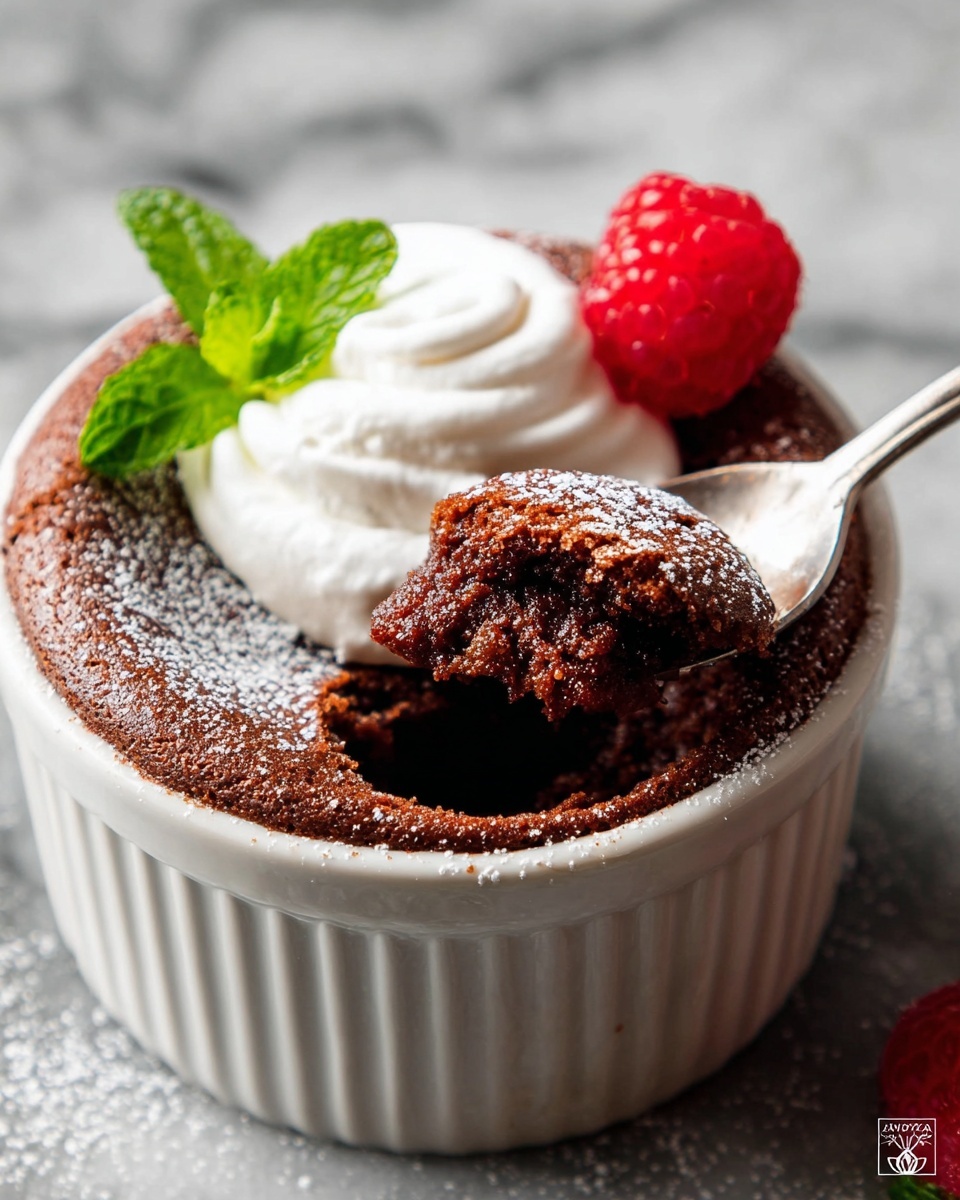 A soft, dark brown chocolate dessert in a white ceramic ramekin with a slightly cracked top dusted with white powdered sugar. A spoon is lifting a moist portion from the center, revealing a rich, textured interior. Next to the lifted part is a swirl of smooth white whipped cream, a fresh red raspberry, and a bright green mint leaf. The ramekin sits on a white marbled surface. Photo taken with an iphone --ar 4:5 --v 7