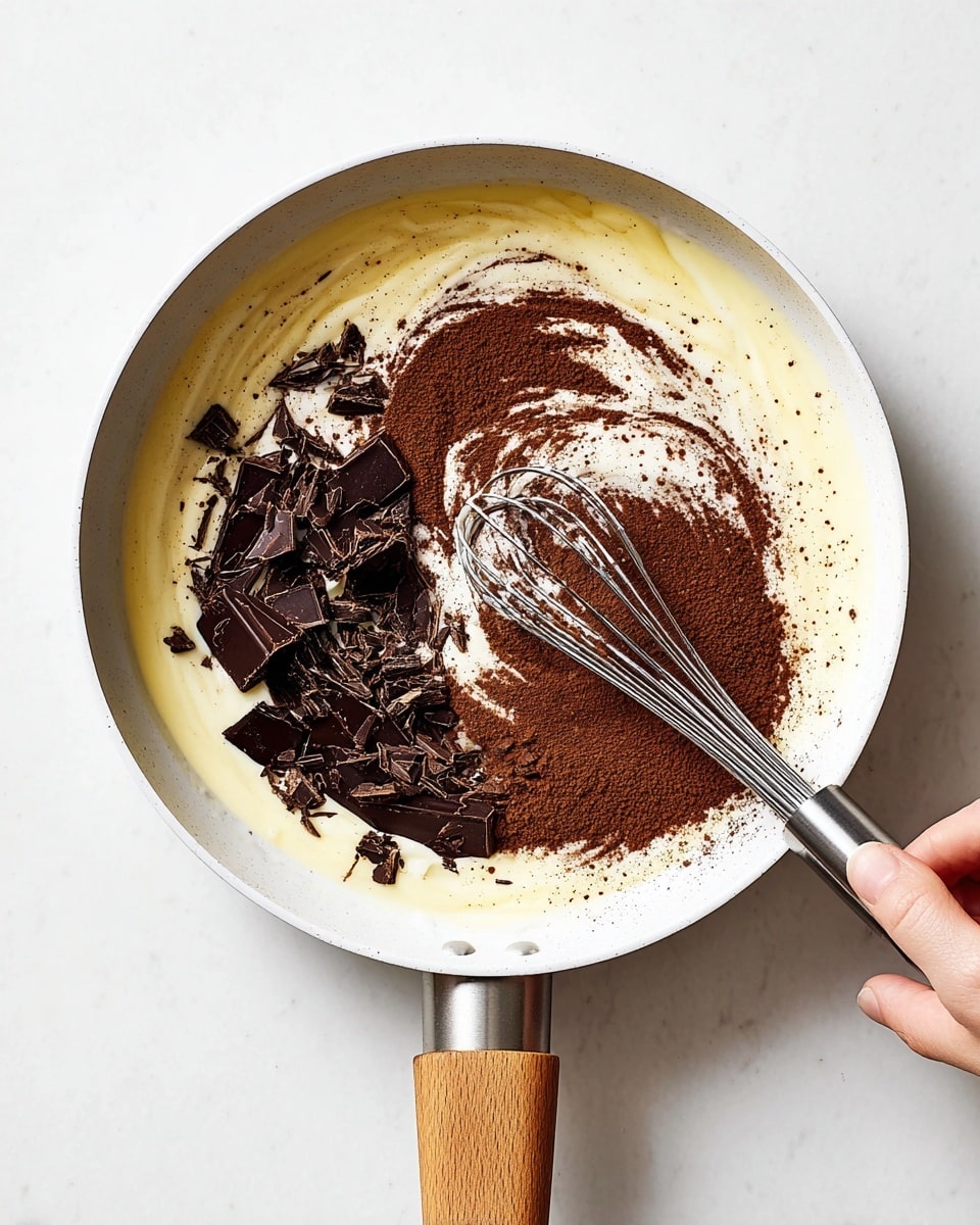 A white pan with a wooden handle set on a white marbled surface holds light yellow creamy mixture as the base layer. On the left side, there are dark brown pieces of chocolate chunks partly melting into the cream. On the right side, a pile of fine dark brown cocoa powder rests on top of the mixture. A woman's hand holding a silver whisk is stirring the ingredients, creating gentle swirls where the cream and chocolate start to mix. The scene is bright and simple, focusing on the textures of cream, chocolate, and powder. photo taken with an iphone --ar 4:5 --v 7