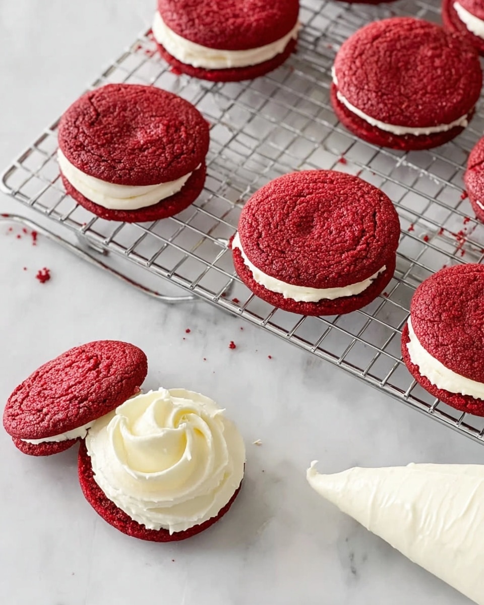 The image shows several small red velvet sandwich cookies with three layers: two deep red, soft-textured cookie layers and a smooth, white cream filling in the middle. Some cookies are fully assembled on a silver cooling rack with the cream just peeking out, while others are open-faced, showing the thick white cream spread on the bottom cookie. There is also a piping bag filled with white cream resting on a white marbled surface under the cooling rack. The colors are vibrant, highlighting the contrast between the red cookies and the white cream, all placed on a white marbled background. photo taken with an iphone --ar 4:5 --v 7