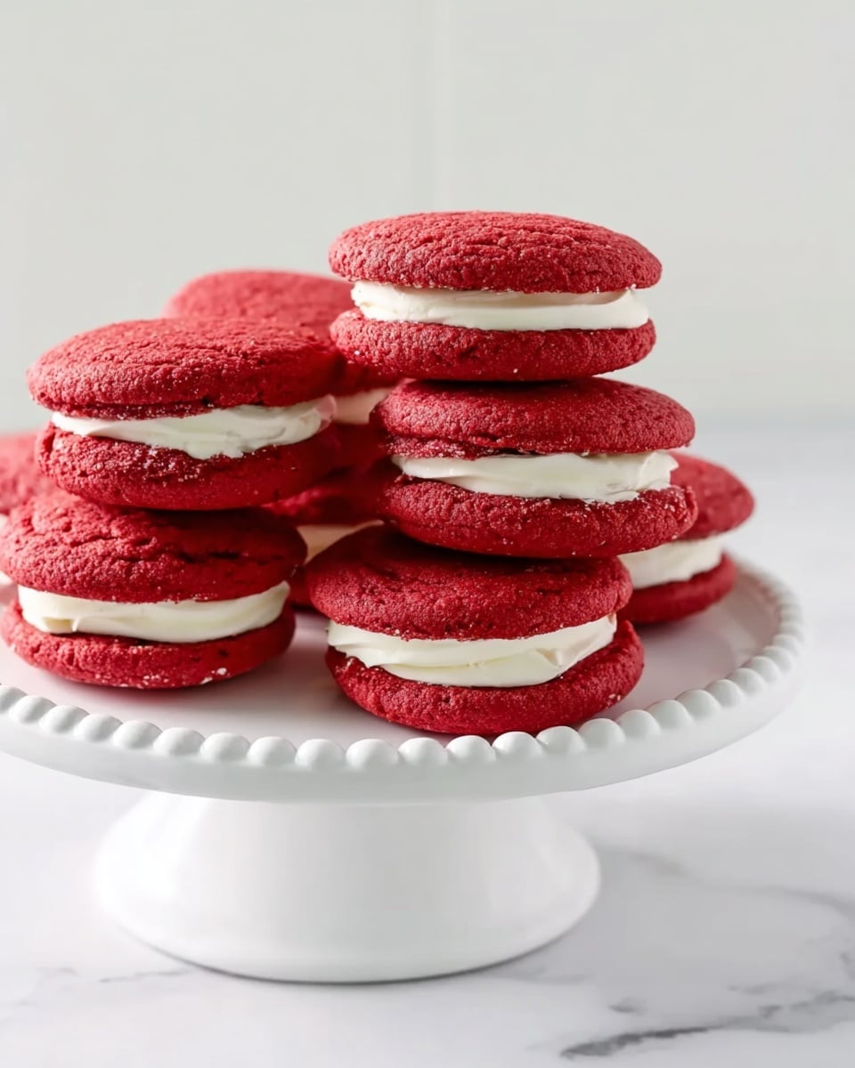 A stack of seven red sandwich cookies is placed on a white cake stand with a decorative edge. Each cookie has two bright red, soft-textured layers with a smooth, thick white cream filling in between. The cookies have a slightly rough surface and are stacked with three on the bottom, three in the middle, and one on top. The cake stand sits on a white marbled surface, and the background is plain and light, making the red and white colors stand out. photo taken with an iphone --ar 4:5 --v 7