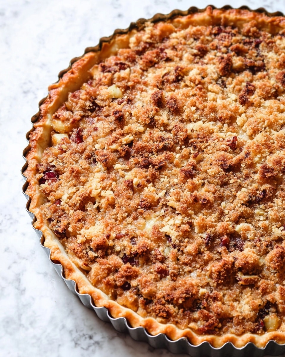 The image shows a close-up of a freshly baked pie in a fluted tart pan with a golden-brown crust. The top layer is a textured mix of small, uneven pieces of light brown, beige, and darker brown, indicating a baked crumbly topping with visible bits of red fruit or nuts scattered throughout. The crust edges are slightly raised and crimped, creating a neat border that holds the filling tightly. The pie sits on a white marbled surface that contrasts softly with the warm colors of the pie, highlighting its rustic and homemade look. photo taken with an iphone --ar 4:5 --v 7