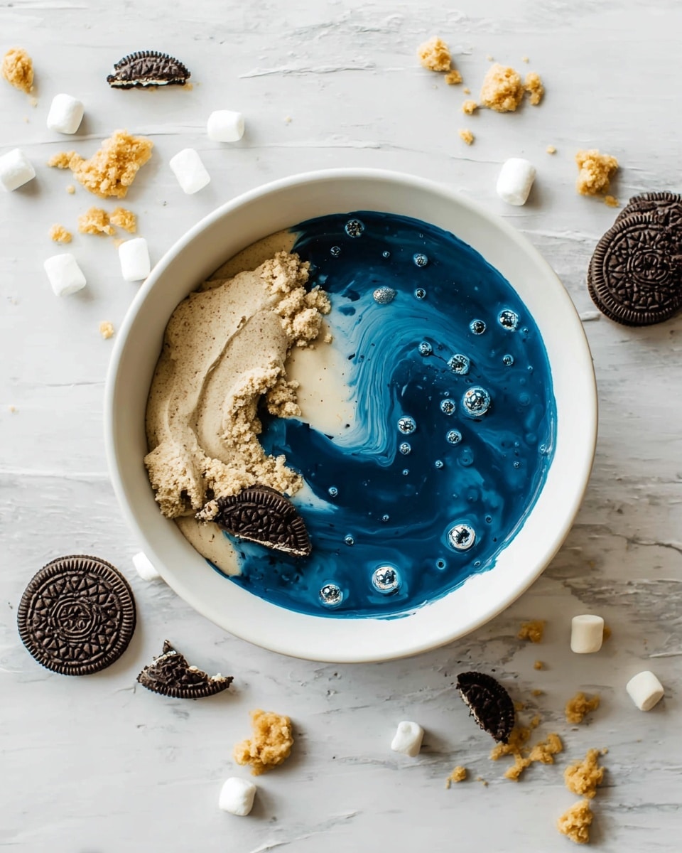 A white bowl sits on a white marbled surface, filled with two layers of a creamy dessert. One side of the bowl has a thick, light beige creamy layer with a soft, crumbly texture, while the other side holds a glossy deep blue layer with a smooth, liquid-like swirl and small bubbles on the surface. Around the bowl, broken and whole chocolate sandwich cookies with dark brown color and pale cream fillings are scattered, along with golden brown mini cookie pieces and small white marshmallows. photo taken with an iphone --ar 4:5 --v 7