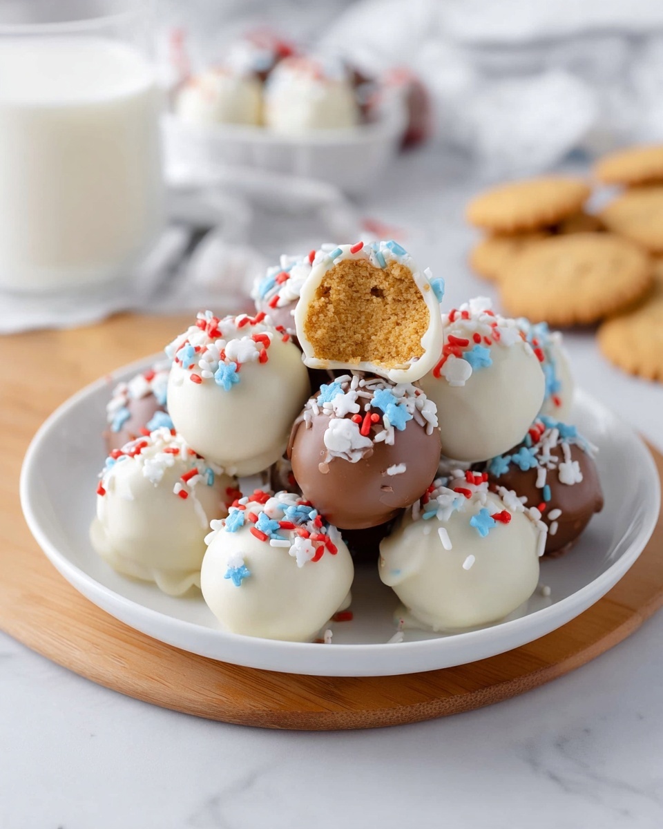 A white plate holds a pile of round cake balls, about two layers high, coated in smooth white and milk chocolate. The cake balls are decorated with small red, white, and blue sprinkles, including tiny gingerbread shapes. One white chocolate ball is broken open, showing a soft golden cake inside. The plate sits on a wooden board with a glass of milk and some round cookies blurred in the background on a white marbled surface. Photo taken with an iphone --ar 4:5 --v 7