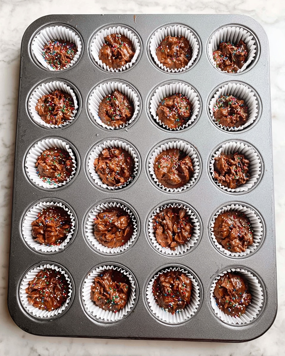 A gray metal muffin tray holding 24 white paper liners, 15 of which are filled with a thick, shiny chocolate mixture that is uneven and chunky, topped with small colorful sprinkles. The tray is set on a white marbled surface. The chocolate mixture inside the liners varies slightly in shape and texture, giving a handmade feel. photo taken with an iphone --ar 4:5 --v 7