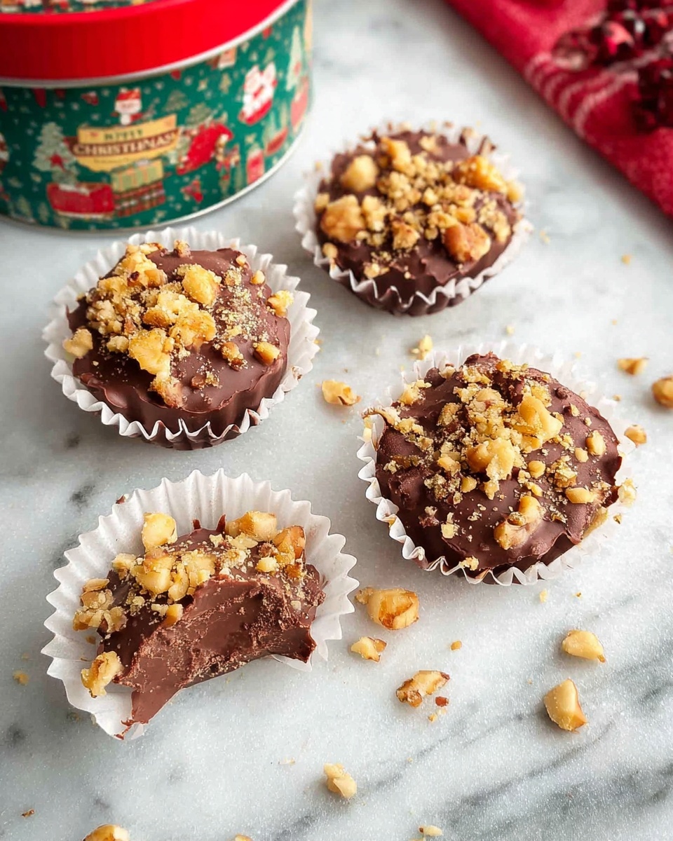 The image shows four small chocolate clusters placed on a white marbled surface. Three of the clusters sit inside white paper cups, while one lies directly on the surface with a bite taken out of it, revealing a nutty and crunchy interior. Each cluster is dark brown with a slightly uneven texture, topped generously with crushed light golden nuts. Crumbs and pieces of nuts are scattered around the clusters, adding a casual and inviting look. The top edge of a festive container with Christmas-themed designs and text is visible at the top of the image. Photo taken with an iphone --ar 4:5 --v 7
