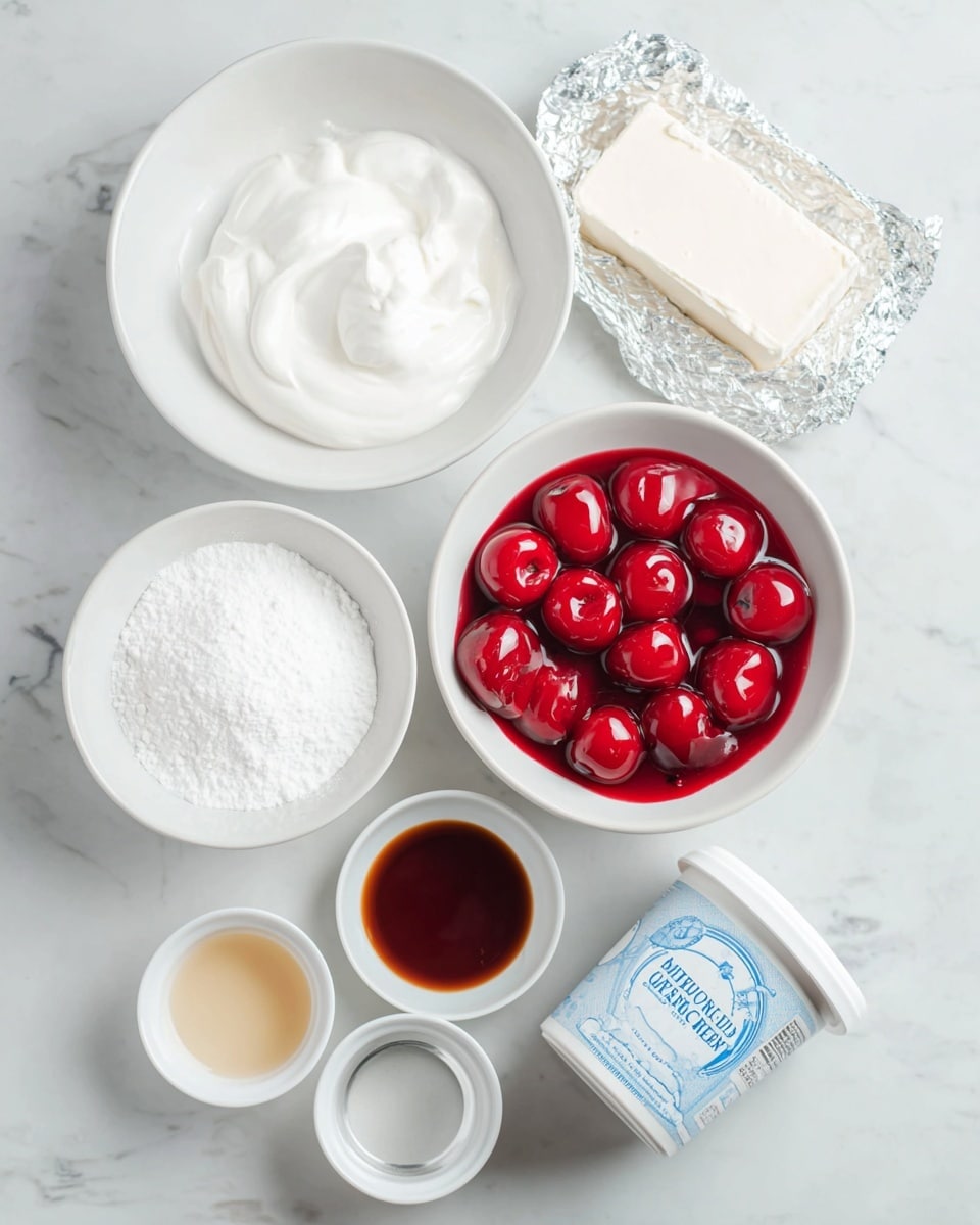 The image shows several ingredients on a white marbled surface. There is a white bowl with smooth, white cream in the top left, a white bowl filled with shiny, red cherries in thick red syrup to the right. Near the bottom left, a white bowl is filled with white powdered sugar, and two small white bowls hold clear liquid and brown vanilla extract. A container of marshmallow creme with a white and blue label lies on its side near the bottom right, and a silver foil-wrapped block of cream cheese is at the top right. photo taken with an iphone --ar 4:5 --v 7