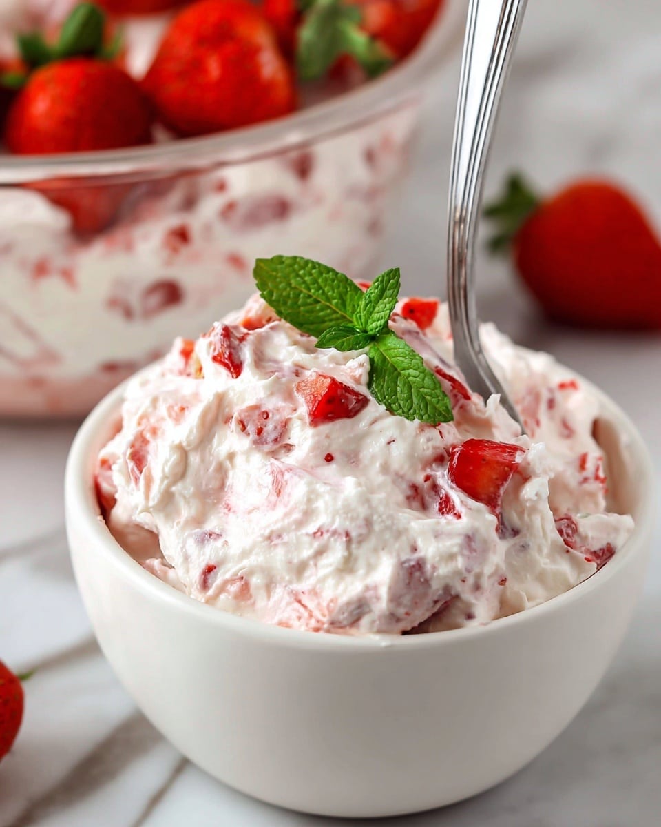 A white bowl is filled with a creamy, fluffy mixture that looks soft and light, with small, bright red strawberry pieces spread throughout the white cream. On top, there are a few small strawberry chunks and a fresh green mint leaf placed as garnish. A silver fork stands upright in the bowl, partly sunk into the creamy mixture. In the background, there is a clear glass bowl with more of the same mixture and some strawberries, all set on a white marbled surface. The colors are soft pinks, reds, bright green, and clean white. photo taken with an iphone --ar 4:5 --v 7