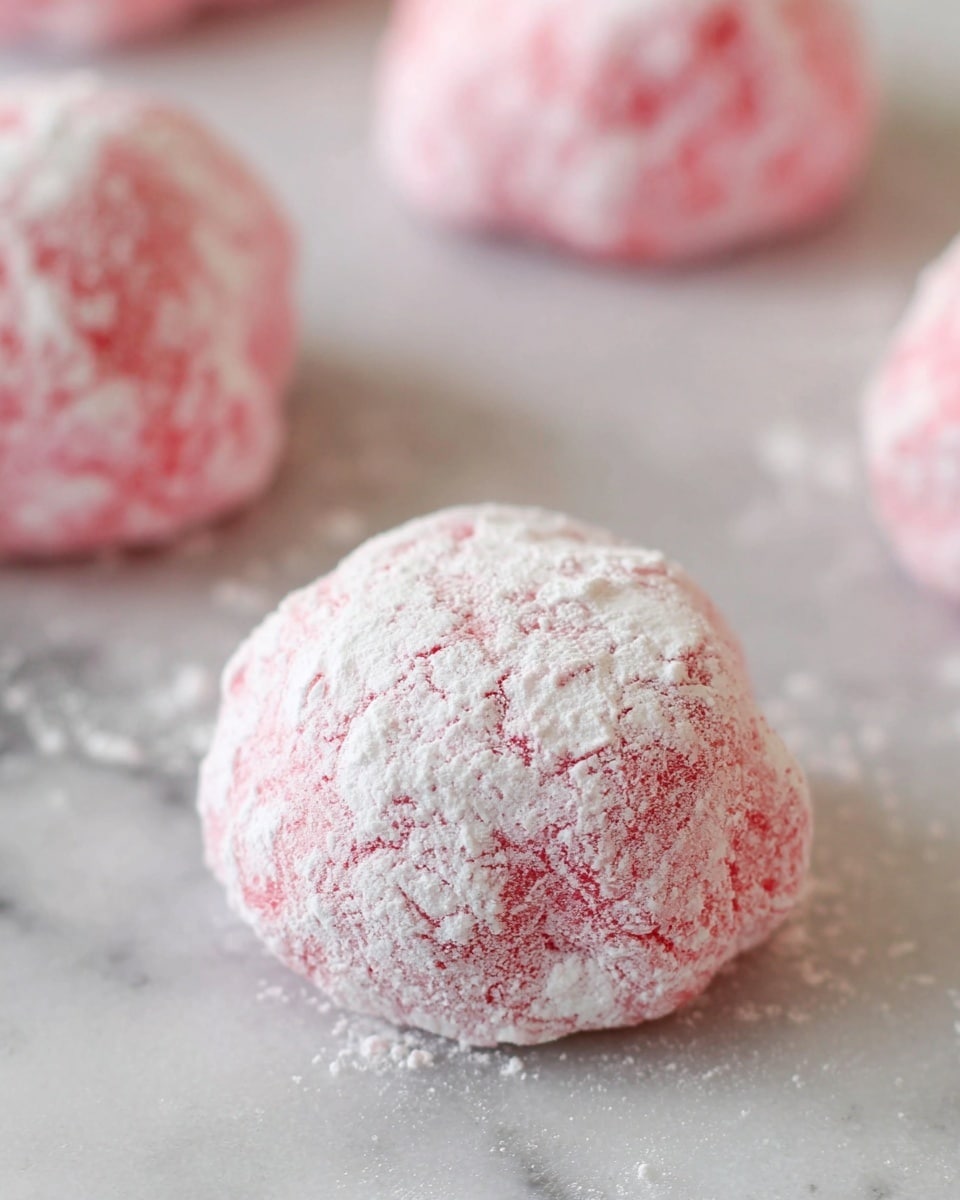 The image shows several round dough balls on a white marbled surface. Each dough ball is pink and covered with a light dusting of white powder, giving a rough texture. The balls vary slightly in shape but are mostly round and soft looking, with the pink color visible under the white powder. The focus is on the front dough ball, which appears detailed and textured, while the others are blurred in the background. Photo taken with an iphone --ar 4:5 --v 7