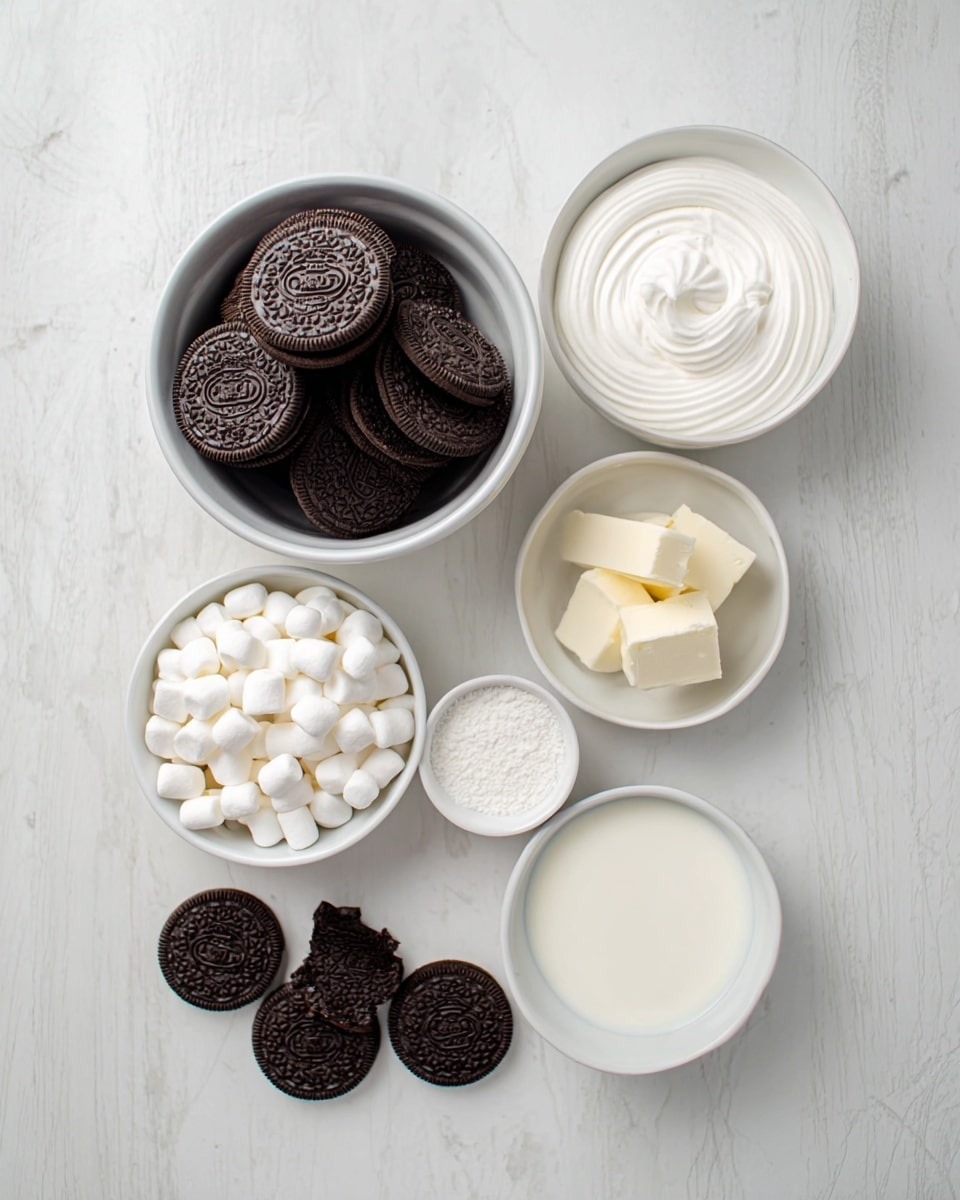 A top view shows six white bowls on a white marbled surface. The largest bowl is in the center, filled with stacked dark chocolate sandwich cookies. Above it is a bowl of smooth white cream with a swirl pattern. To the right of the cream bowl is a small bowl with three cubes of cream cheese. Below the cream cheese is a bowl of white milk. Below the cookie bowl is a smaller bowl filled with mini white marshmallows. To the left of the cookie bowl is a bowl of white powdered sugar, and below it are four broken cookie pieces arranged closely. Photo taken with an iphone --ar 4:5 --v 7