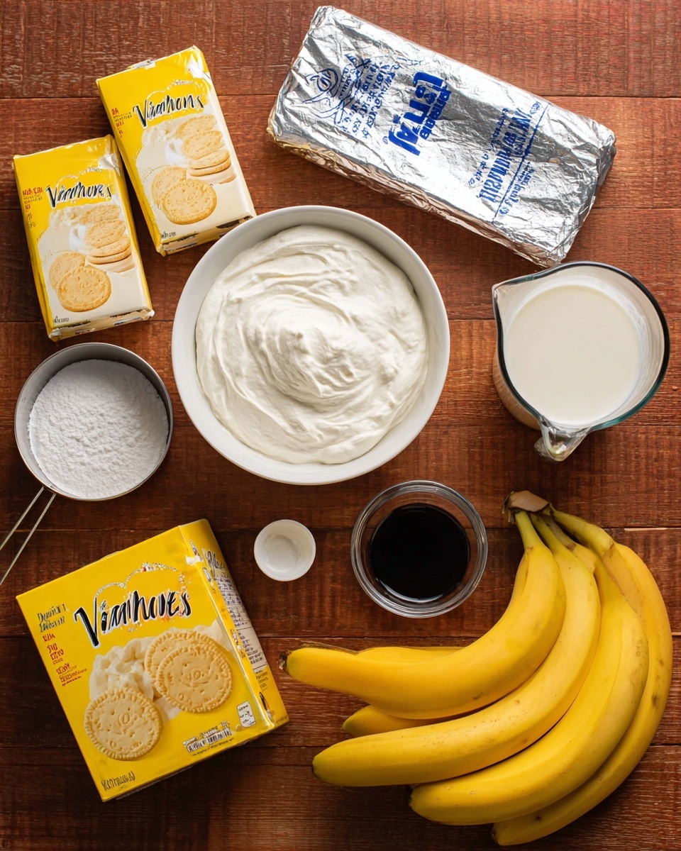 The image shows a flat lay of ingredients for a banana cream dessert on a wooden surface. At the center is a white bowl filled with smooth whipped cream, slightly textured on top. To the right of the bowl is a clear measuring cup filled with milk, light cream color and slightly foamy. Below the milk is a small white container holding dark vanilla extract. Four bright yellow bananas lay in a bunch at the bottom right corner. In the bottom left is a yellow box of vanilla wafer cookies with an image of round cookies on it. Above the cookies is a metal measuring cup filled with white powdered sugar. At the top left corner, two small yellow boxes of banana cream Jell-O instant pudding sit side by side, each showing an image of pale yellow pudding. Above the whipped cream bowl is a silver foil-wrapped block of cream cheese with blue text on it. The background is a wooden surface and the lighting is warm and natural. photo taken with an iphone --ar 4:5 --v 7