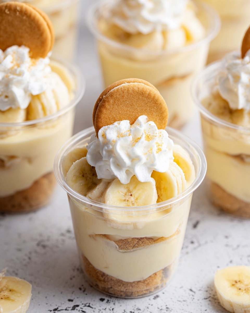 The image shows several clear cups of banana pudding placed on a white marbled surface. Each cup contains three visible layers: a bottom layer of crushed light brown cookies, a middle layer of smooth, pale yellow pudding mixed with banana slices, and a top layer of sliced bananas arranged neatly. On top of the bananas, there is a swirl of white whipped cream, with a single golden-brown round cookie standing upright and a banana slice beside it, creating a balanced and inviting look. The focus is on the cup in the center, showing detailed textures of the creamy pudding, soft banana pieces, and fluffy whipped cream photo taken with an iphone --ar 4:5 --v 7