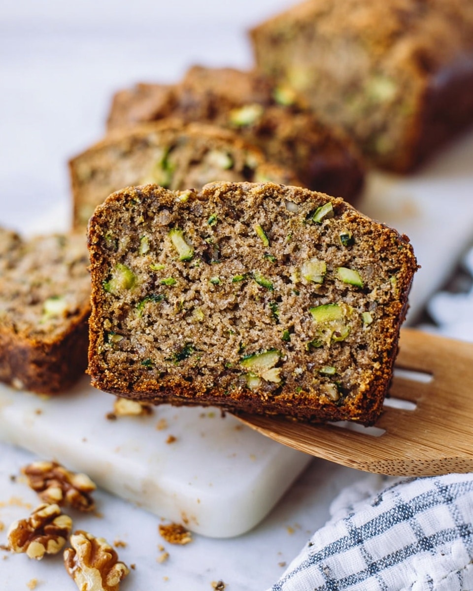 A close-up of a slice of brown nut bread held by a wooden spatula, showing a crumbly texture with green bits of zucchini and pieces of walnuts inside. Behind it, more slices of the same bread lie flat on a white marble surface with crumbs scattered around. A striped cloth napkin appears in the background on the right side. Photo taken with an iphone --ar 4:5 --v 7