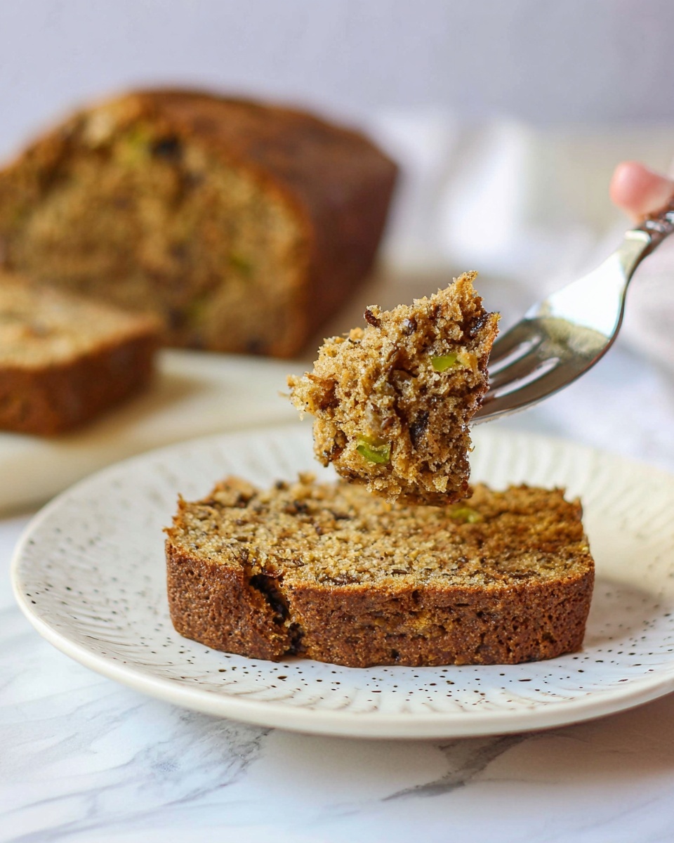 The image shows a slice of brown bread with visible green and dark specks, placed on a white plate with a crumbly texture and small holes on the surface. A woman's hand holds a silver fork, lifting a small piece of the bread close to the camera, showing the soft and moist inside with bits of ingredients. In the background, there is a larger loaf of the same bread, slightly out of focus, resting on a white marbled surface. The lighting is natural, highlighting the texture and color contrast of the bread photo taken with an iphone --ar 4:5 --v 7